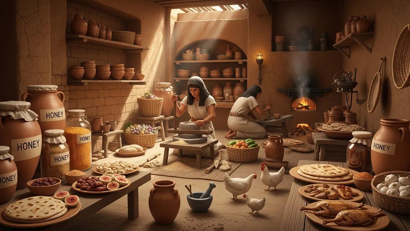 Recreation of an ancient Egyptian kitchen scene with jars of honey and traditional foods
