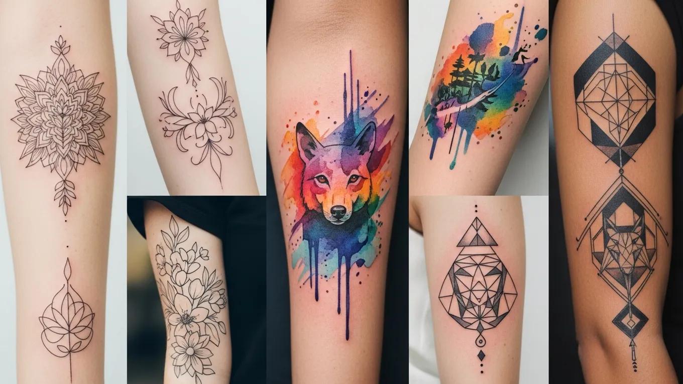 Collage of popular tattoo styles including fine line, watercolor, and geometric tattoos on diverse skin tones