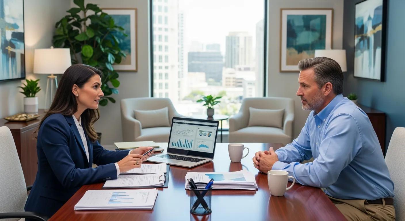 Financial advisor and borrower discussing loan modification strategies in an inviting office