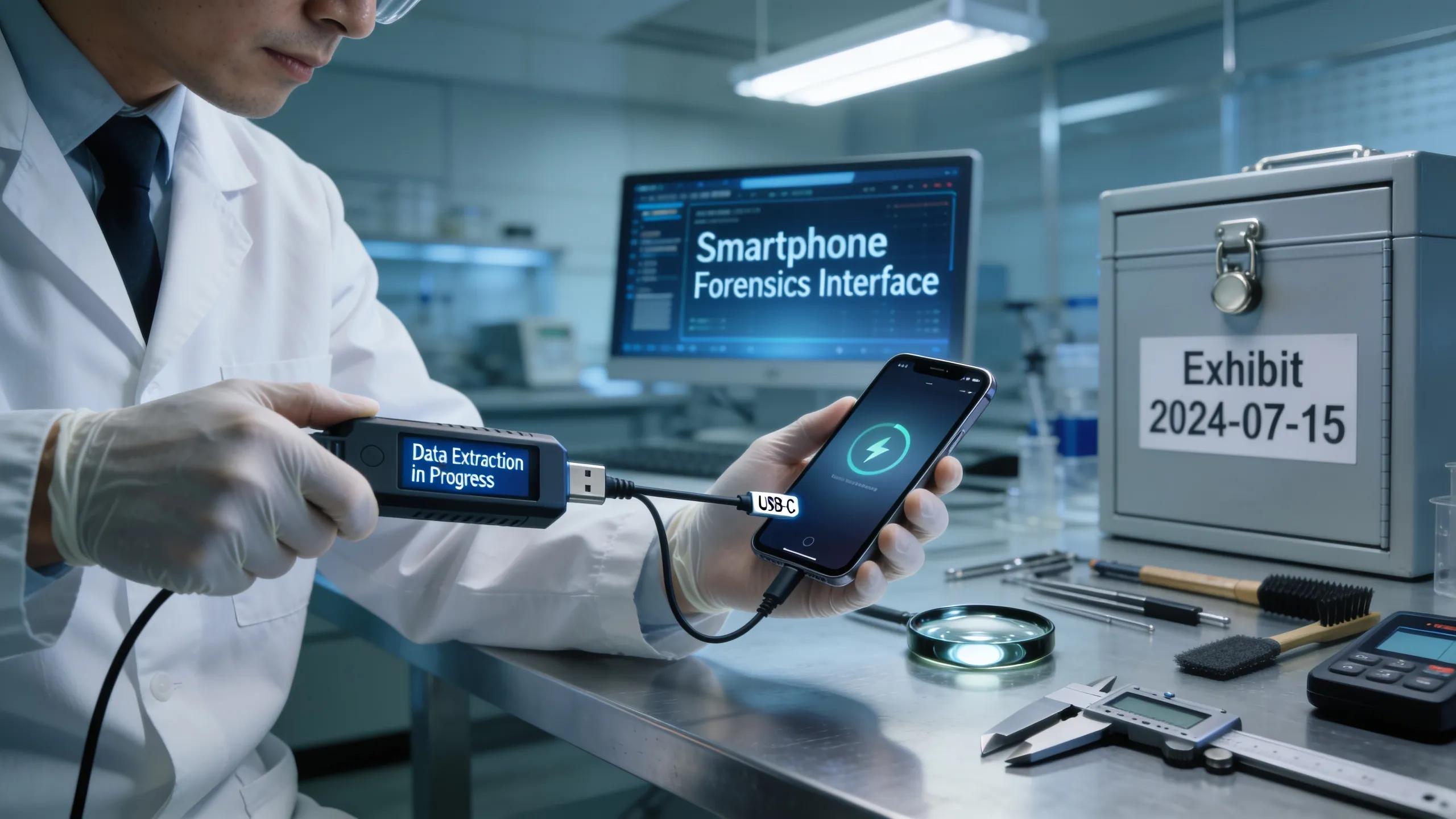Forensic expert extracting data from a smartphone in a high-tech forensic lab