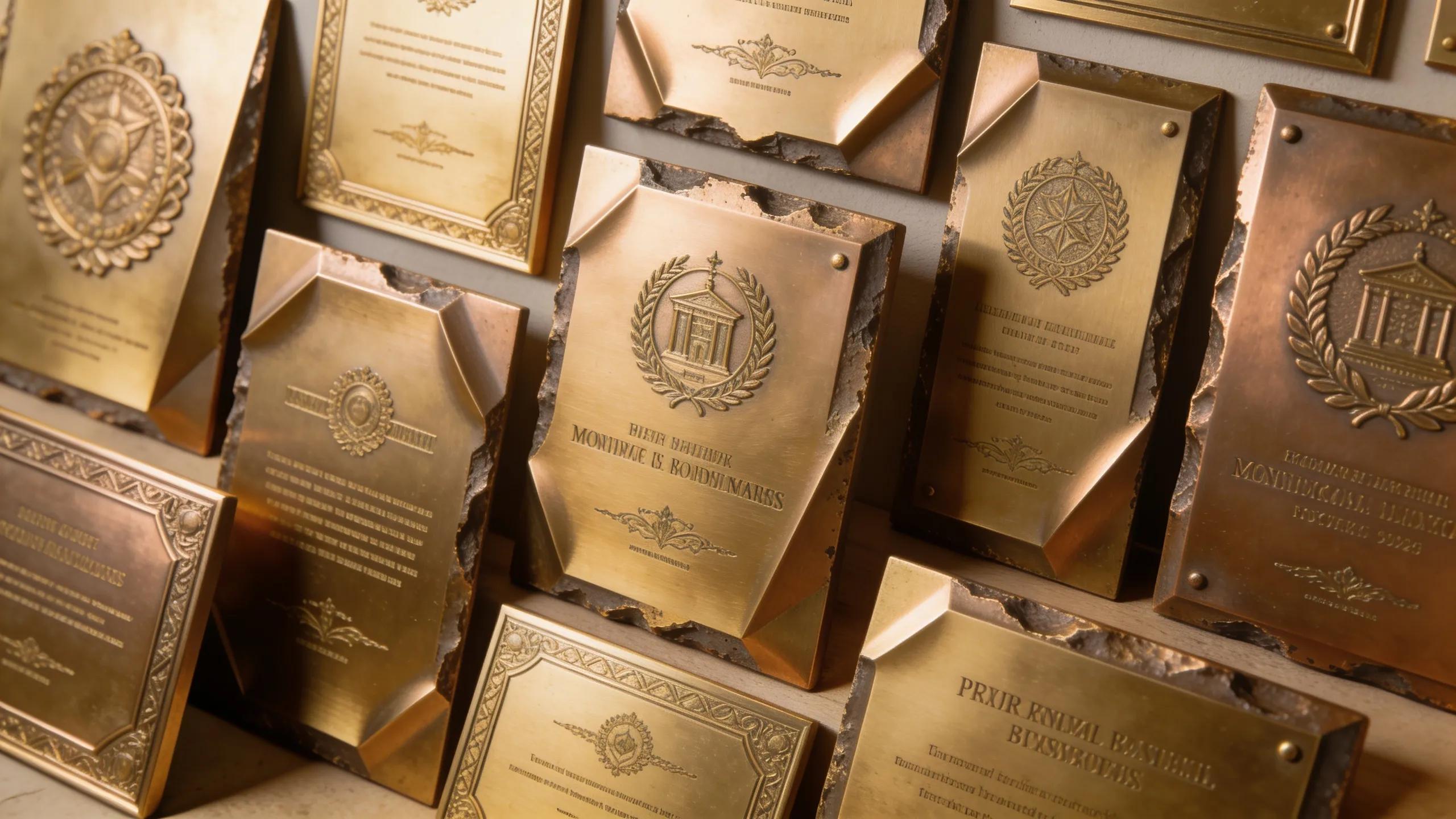 Different designs of bevel bronze plaques demonstrating customization and features