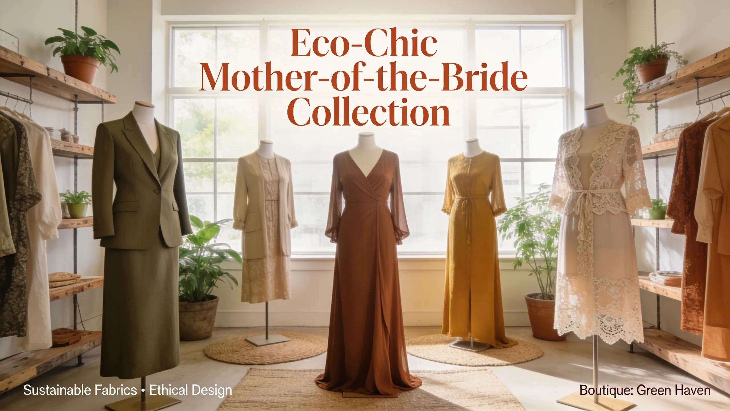 Stylish mother-of-the-bride outfits displayed in a boutique, highlighting contemporary designs made from sustainable materials