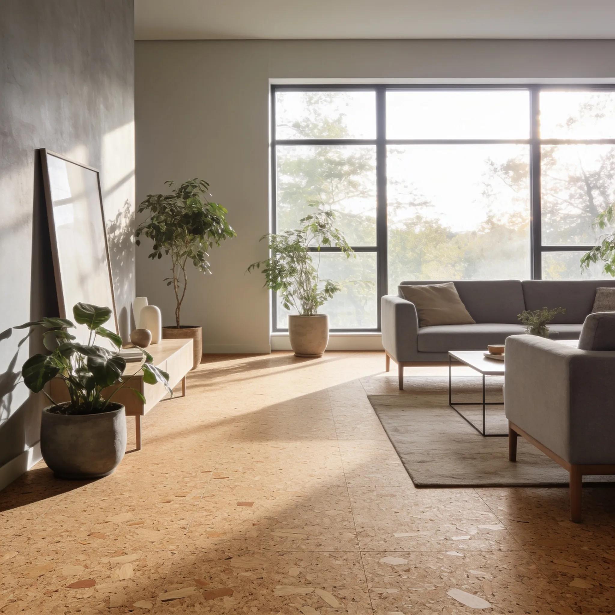 Minimalist living room with natural cork flooring and soft daylight