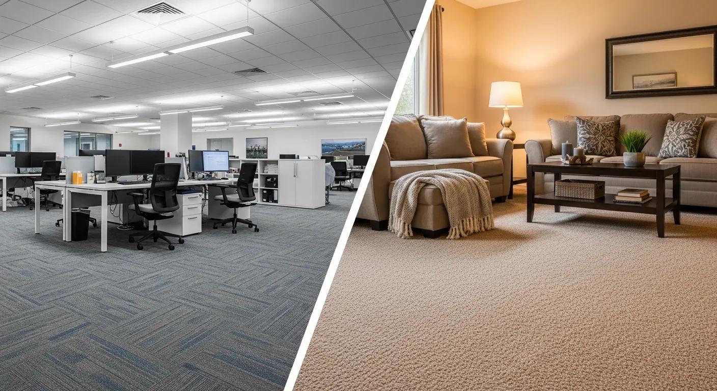 Office setting with commercial carpet on the left and cozy living room with residential carpet on the right, illustrating key differences in carpet types for various environments.