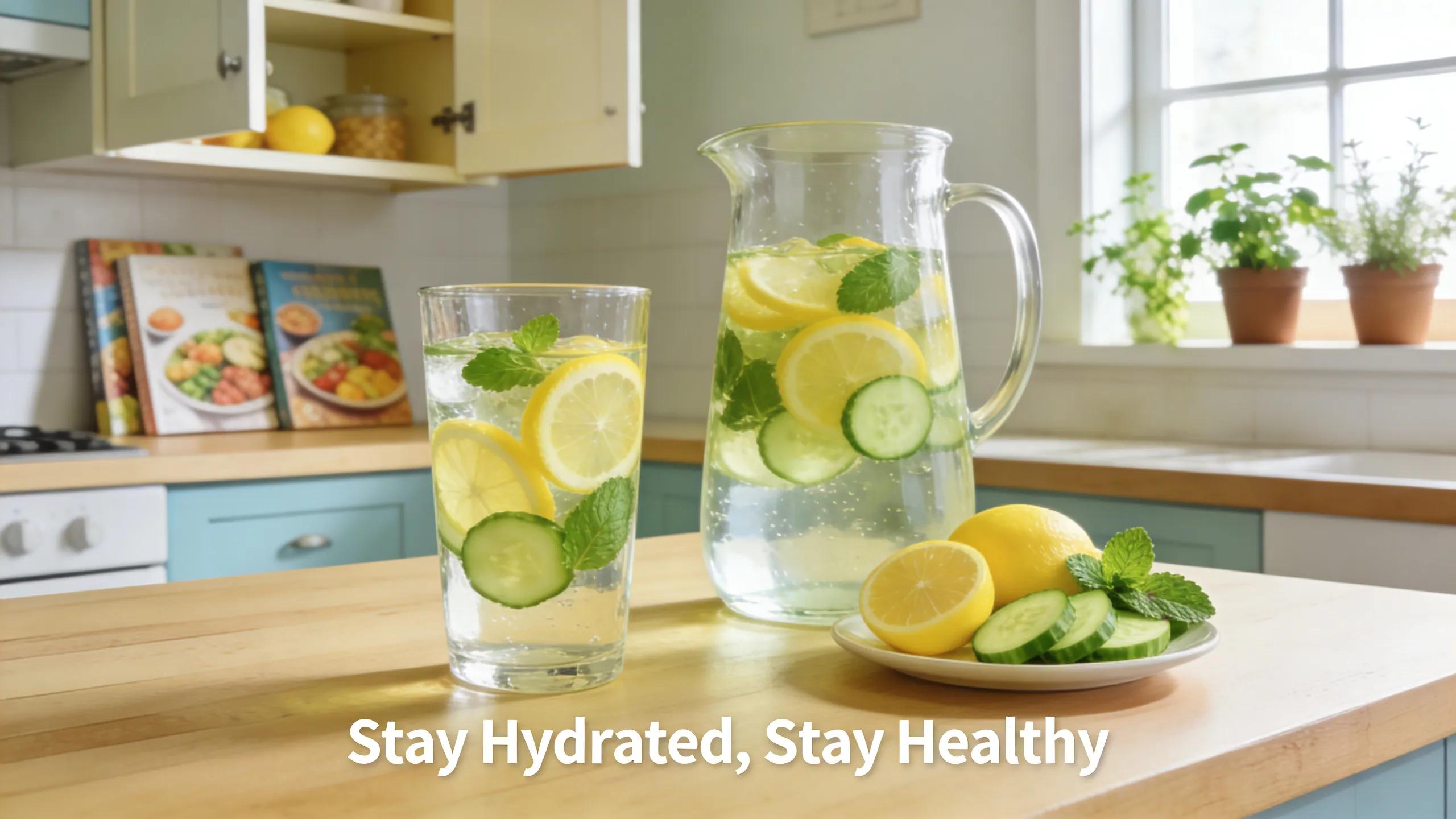 Flavored water infused with lemon, cucumber, and mint presented in a glass, emphasizing hydration for seniors
