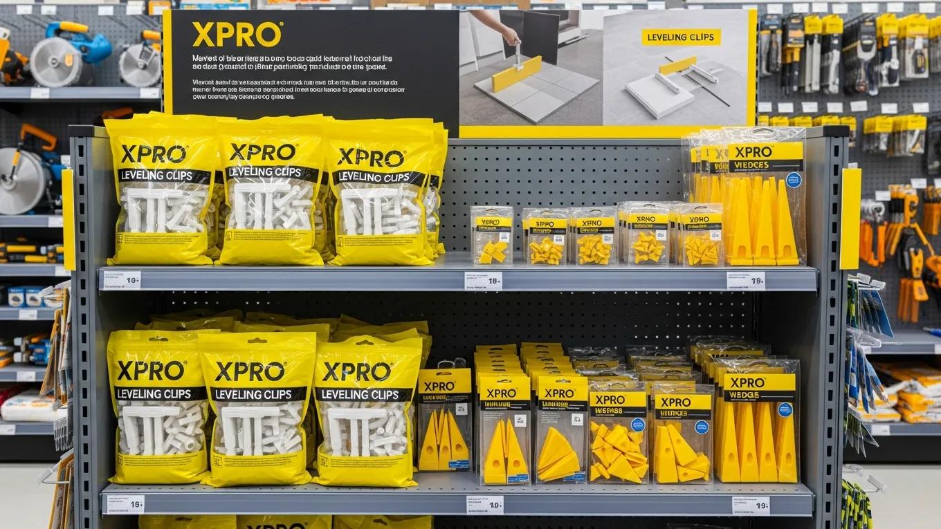 Display of XPRO Leveling Clips and Wedges in a hardware store