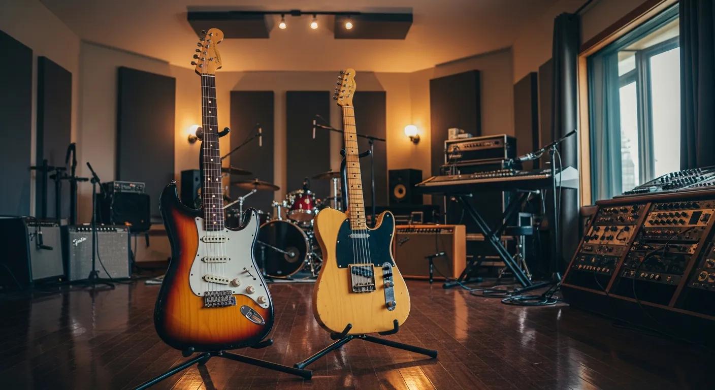 Fender Stratocaster and Telecaster guitars displayed in a music studio setting