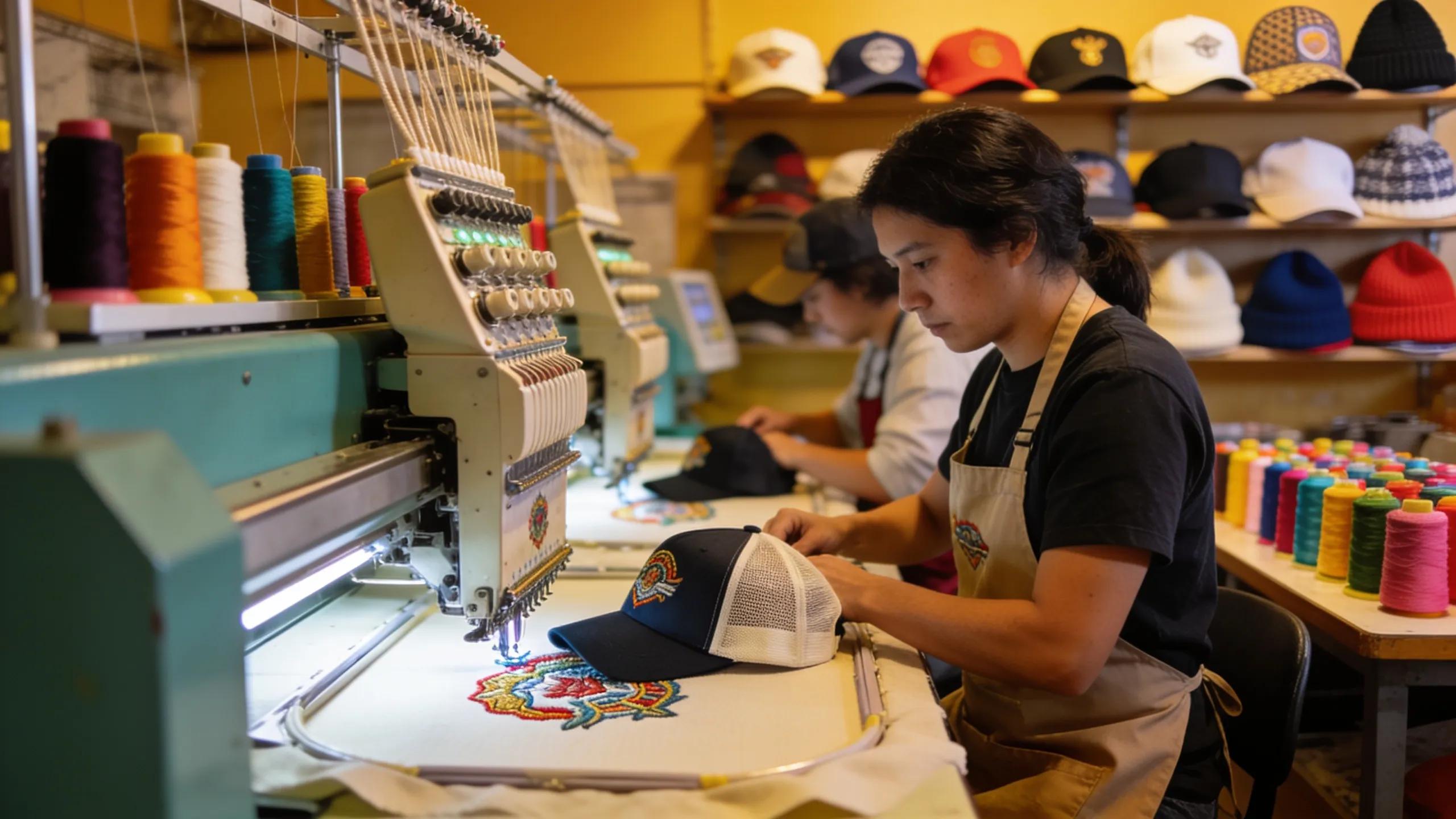 Local embroidery shop showcasing custom cap embroidery services in action with colorful threads and cap styles