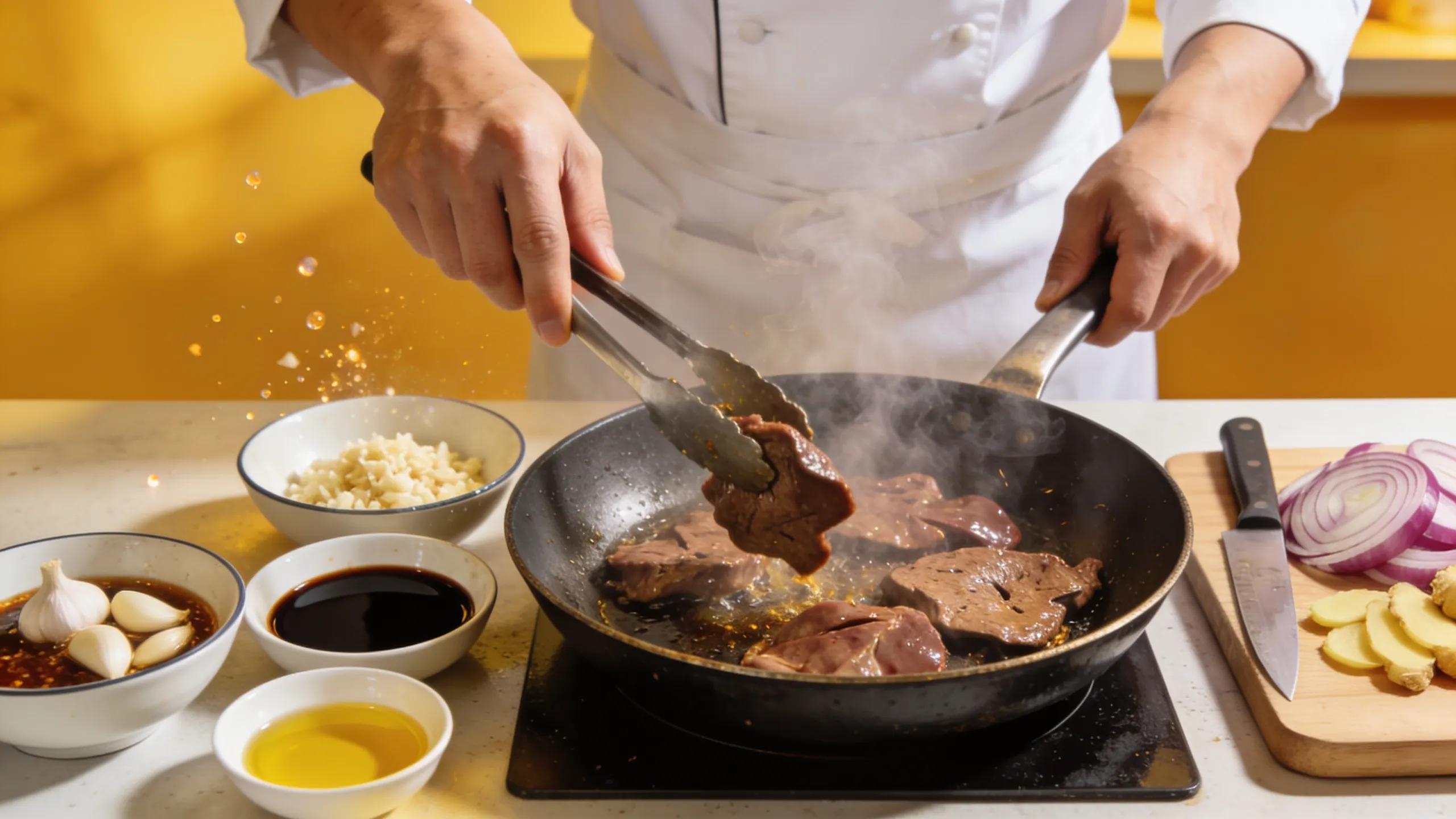 Chef cooking organ meats with marinade ingredients on a bright countertop