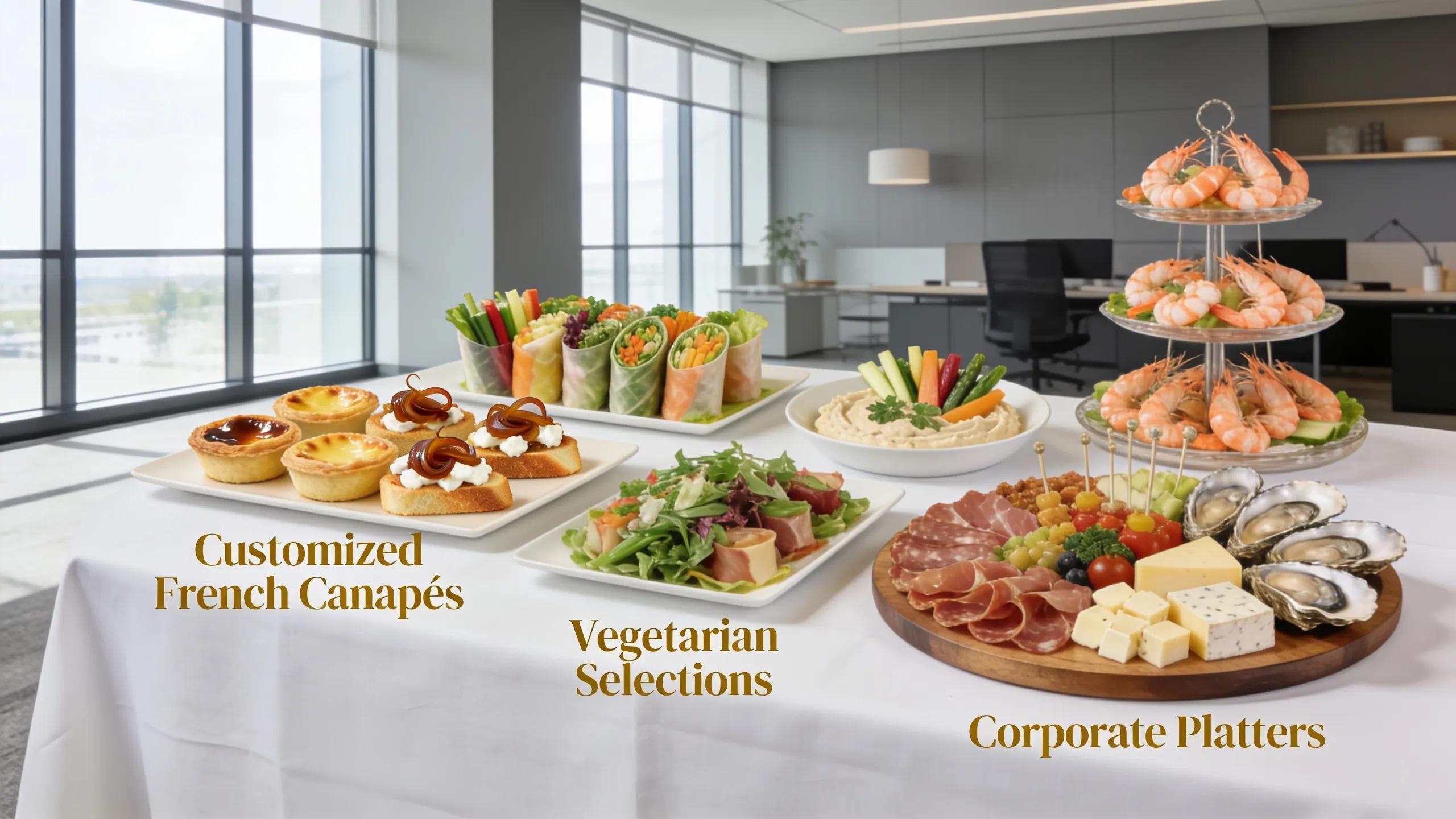 Diverse selection of customized gourmet platters for corporate catering, showcasing French-inspired and vegetarian options