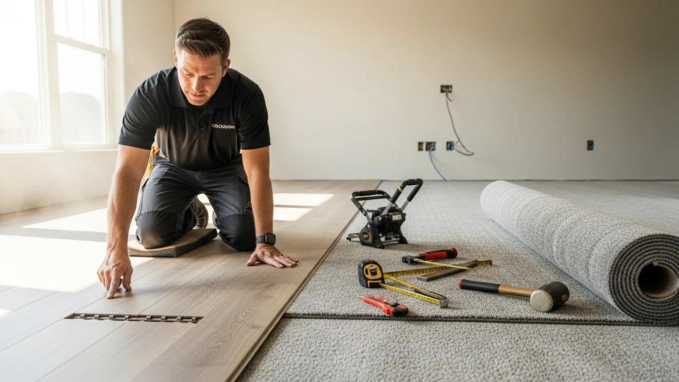Man installing luxury vinyl planks on a wooden floor, surrounded by tools including a tape measure, hammer, and a roll of carpet, demonstrating flooring installation techniques.