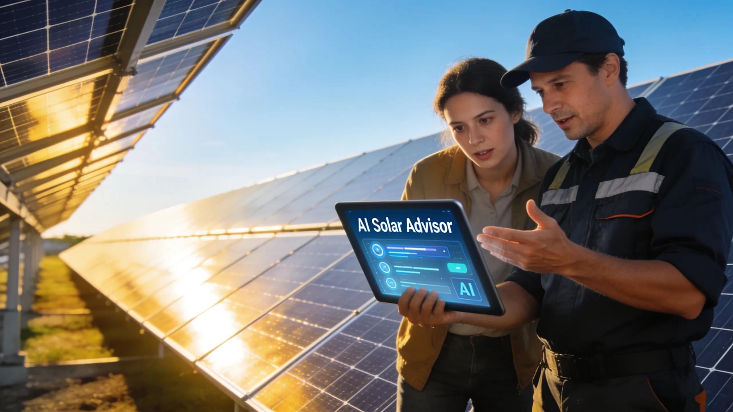 Solar installer and customer reviewing AI Solar Advisor tablet for site assessment booking automation.