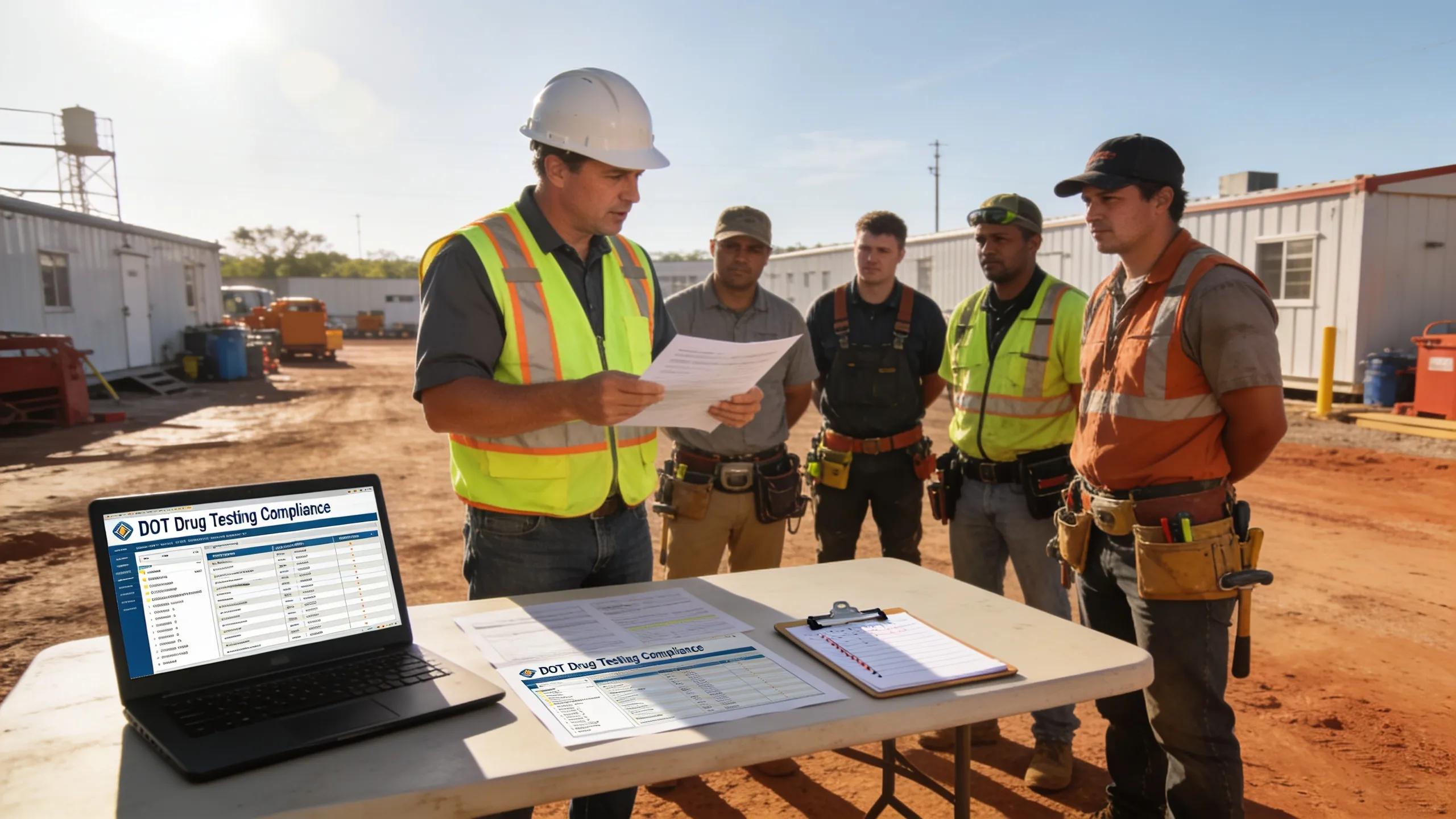 Contractor reviewing DOT drug testing compliance with team at a construction site in Southeast Texas