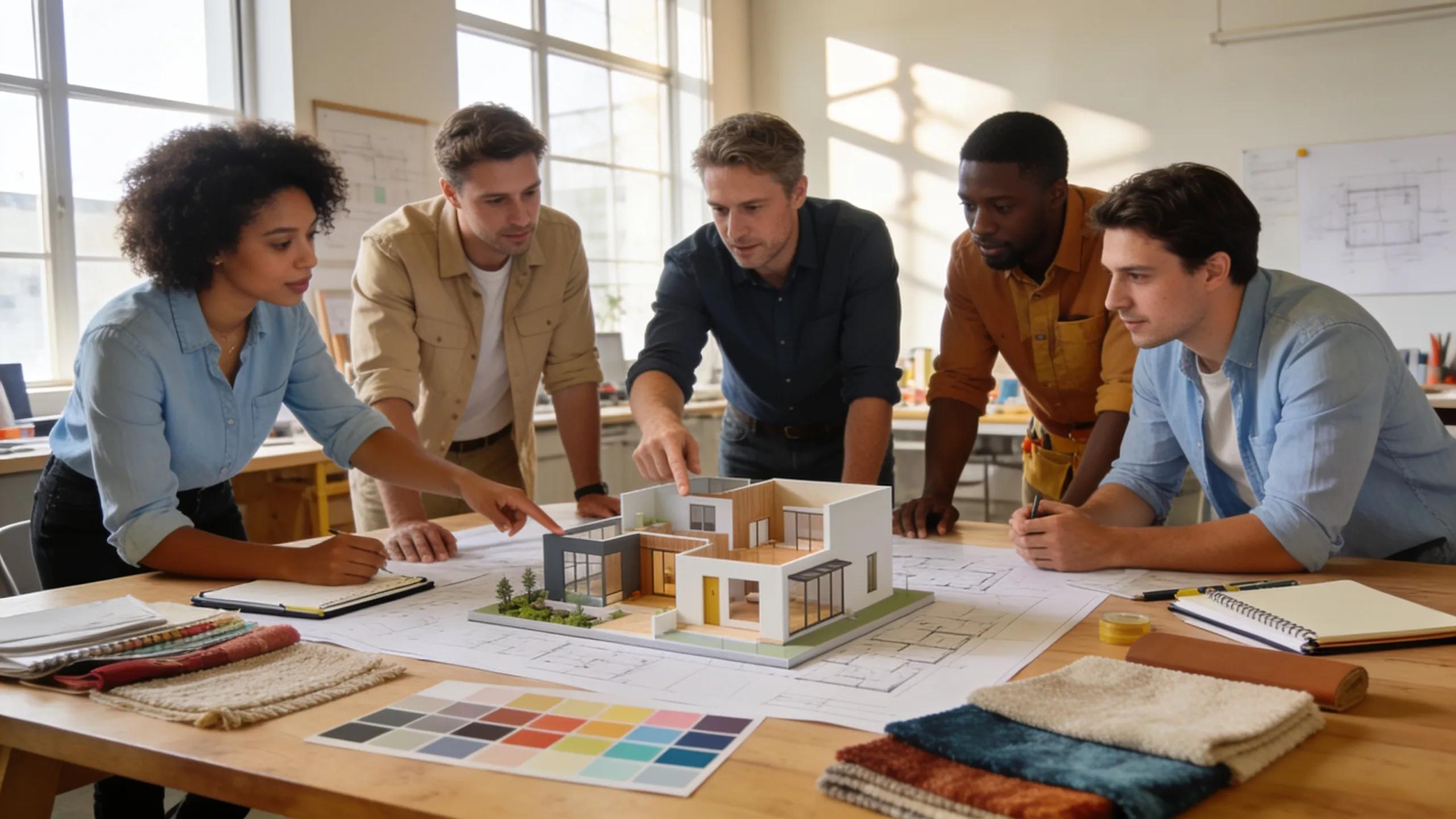 Design-build team collaborating on home renovation plans in a bright workspace