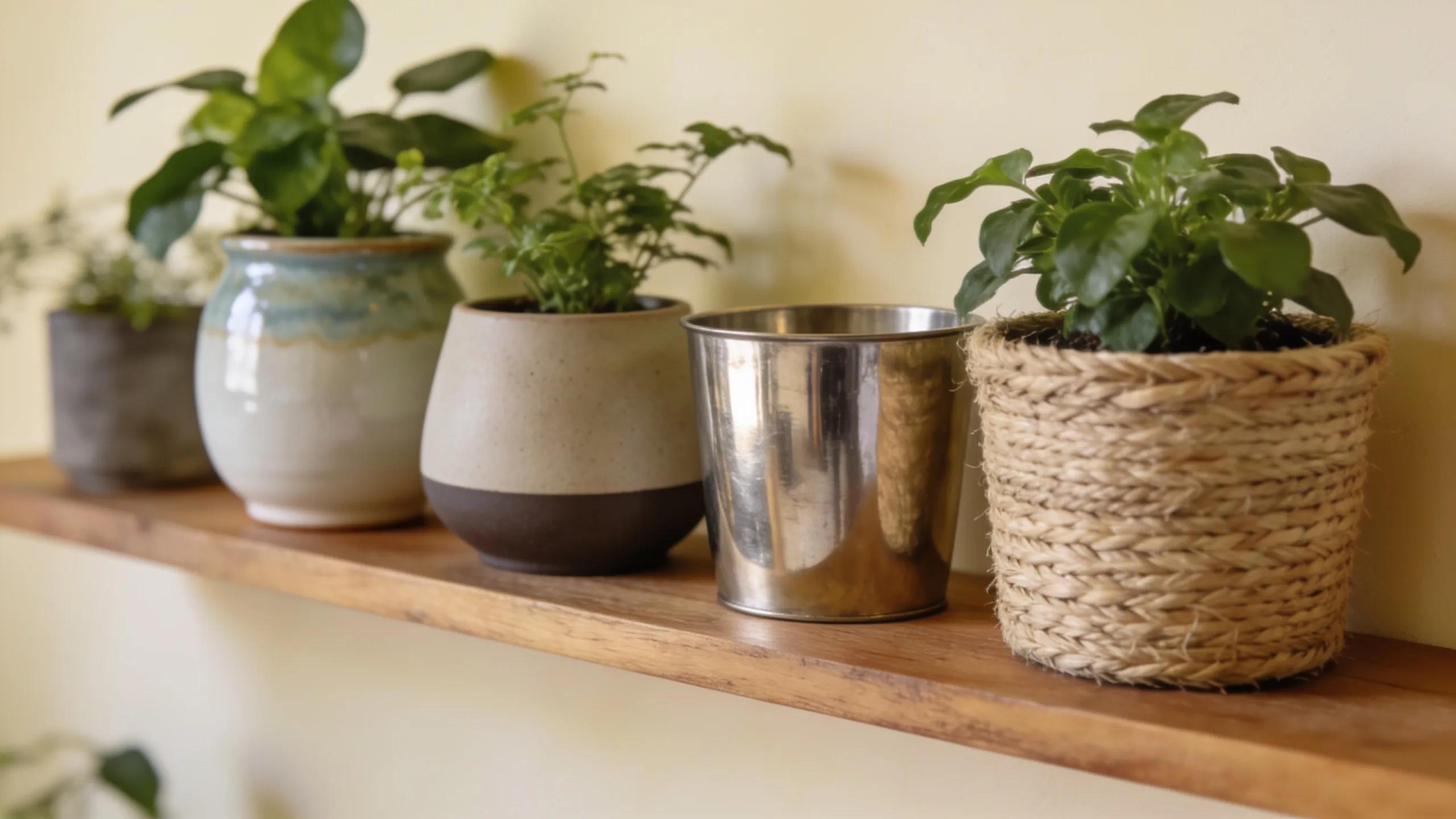A diverse array of ceramic, metal, and natural fiber plant vessels showcasing various styles for indoor use