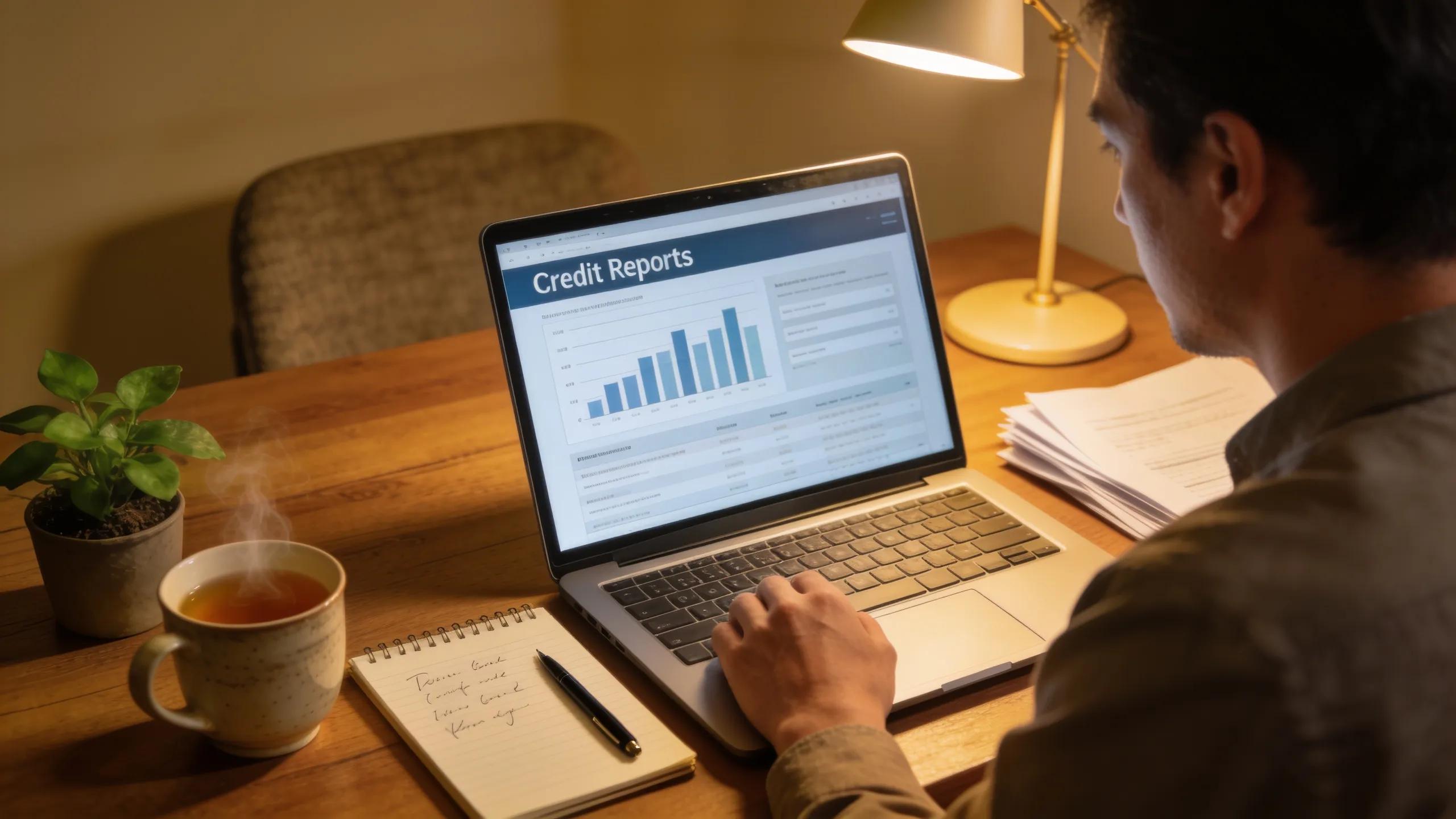Business owner tracking credit reports on a laptop