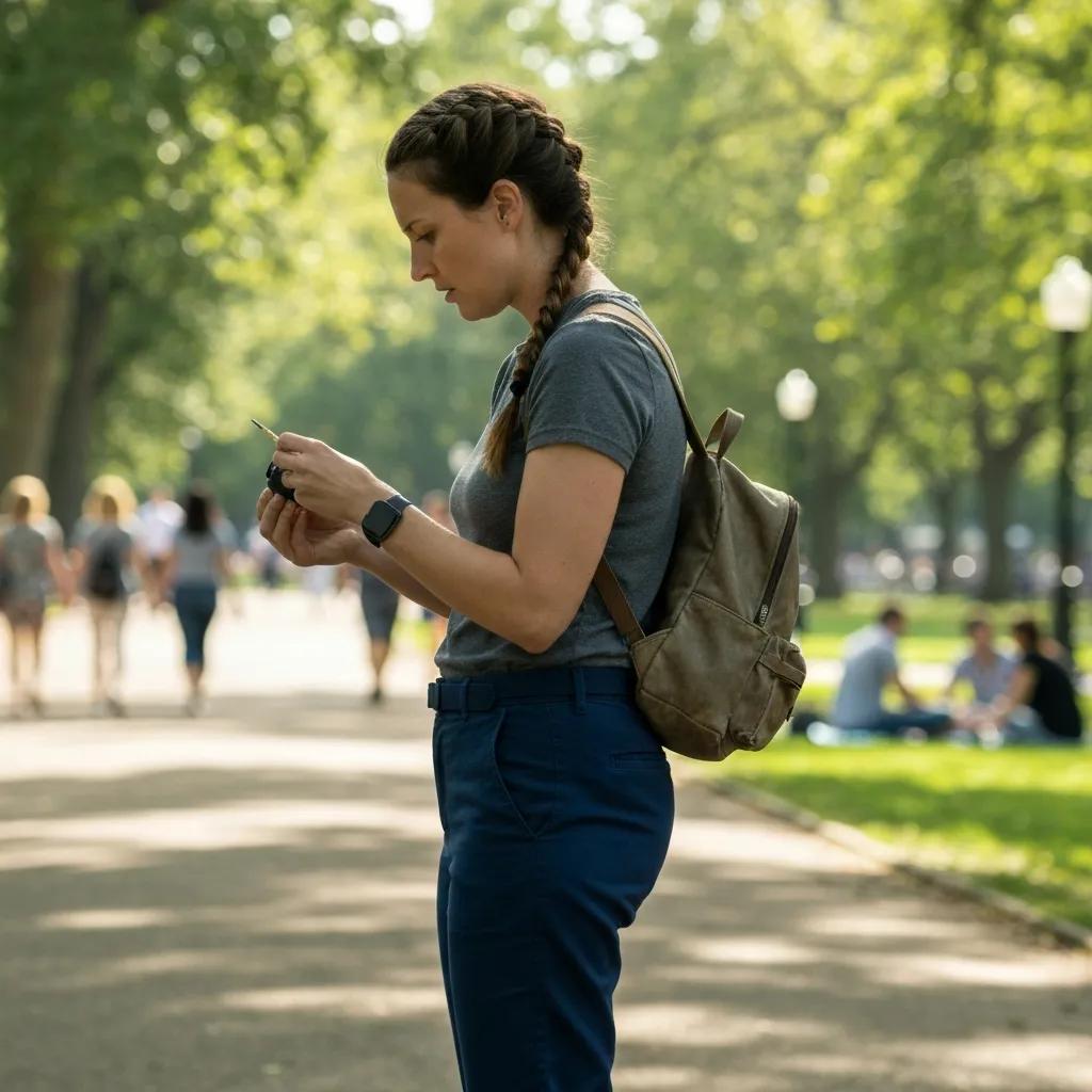 Investigator conducting discrete surveillance in a public space