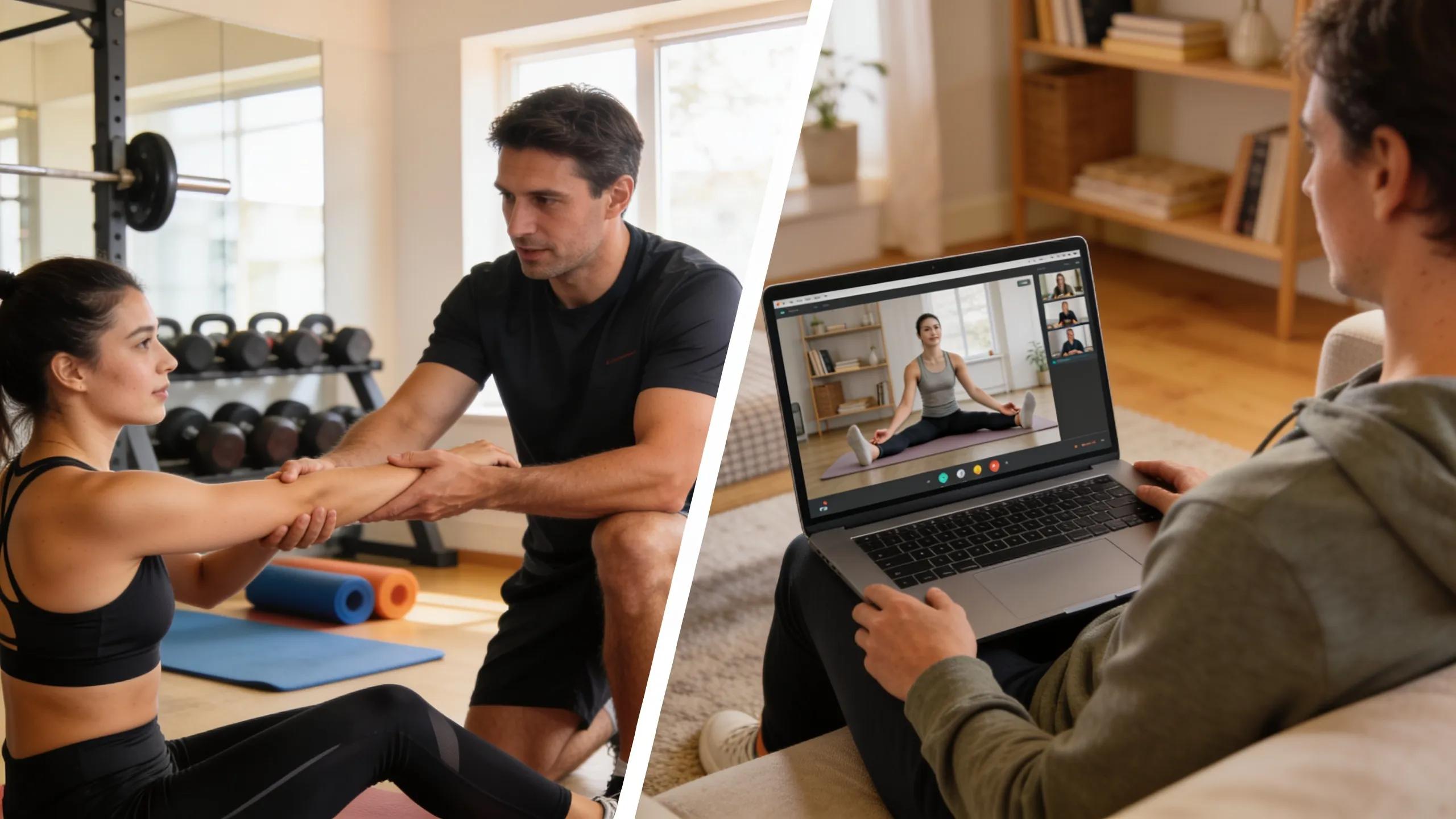 Split scene showing hybrid training with in-person and online coaching sessions for injury recovery