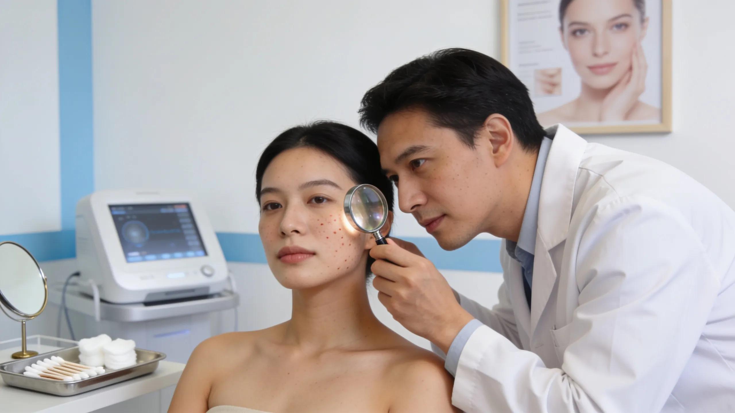 Dermatologist examining a patient's skin for acne scars using a magnifying glass in a clinical setting
