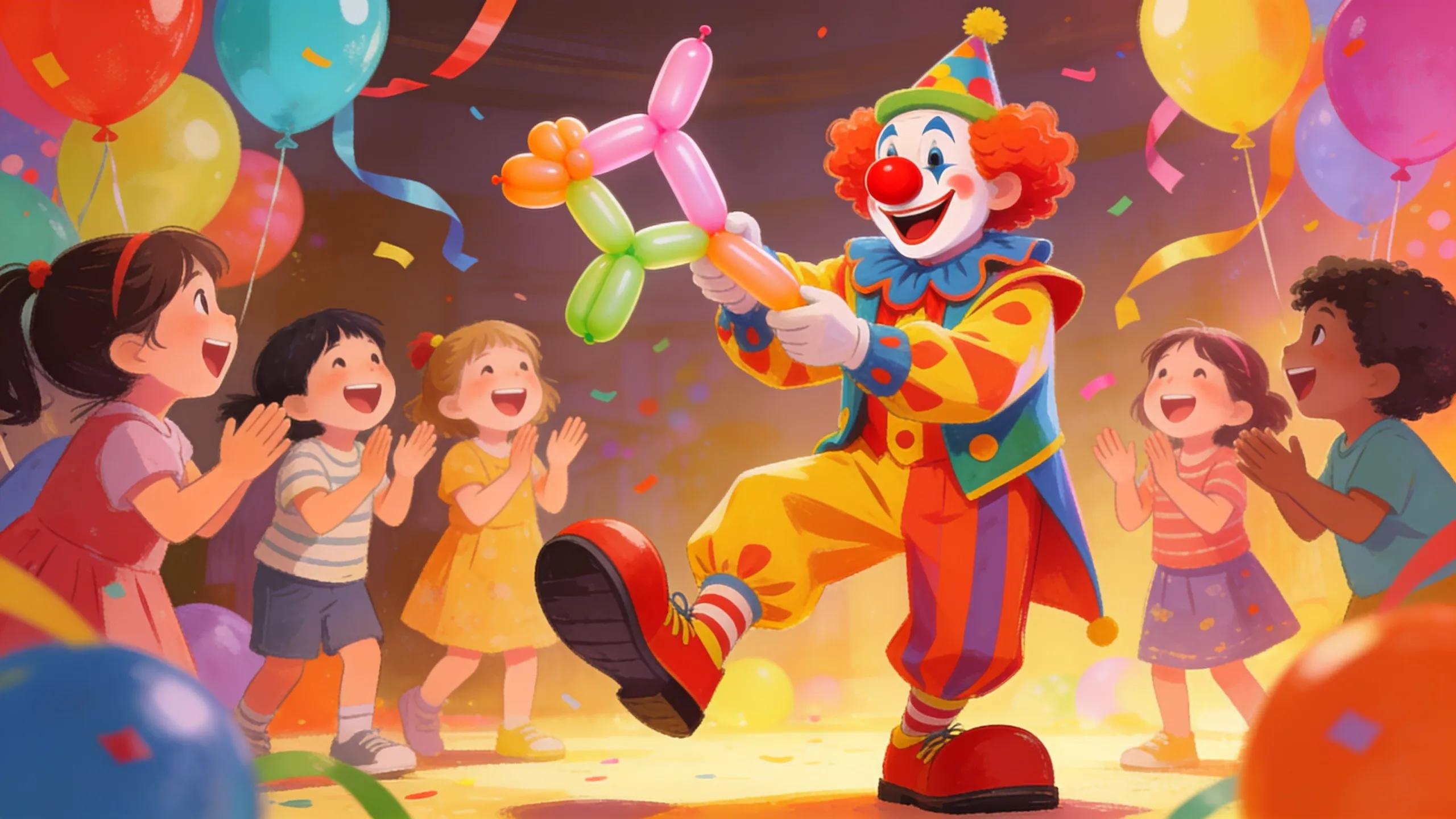 Clown entertaining children at a birthday party with balloons and colorful decorations