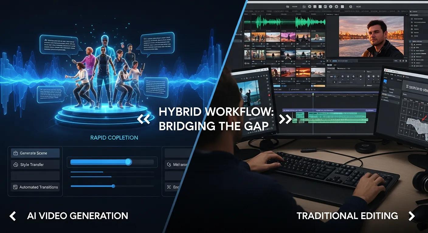 Split screen comparing AI video generation and traditional editing — hybrid workflow Split screen comparing AI video generation and traditional editing — hybrid workflow