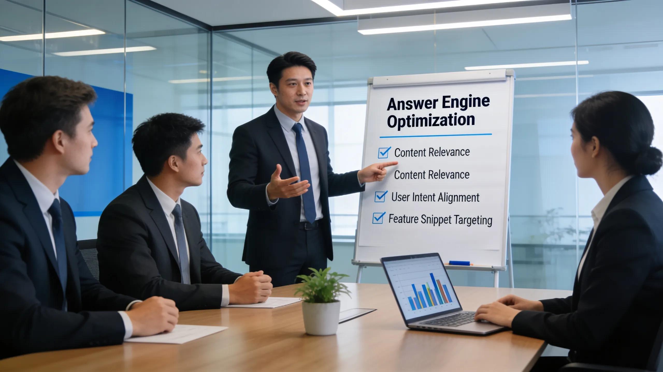 Business professionals discussing Answer Engine Optimization strategies in a modern office setting
