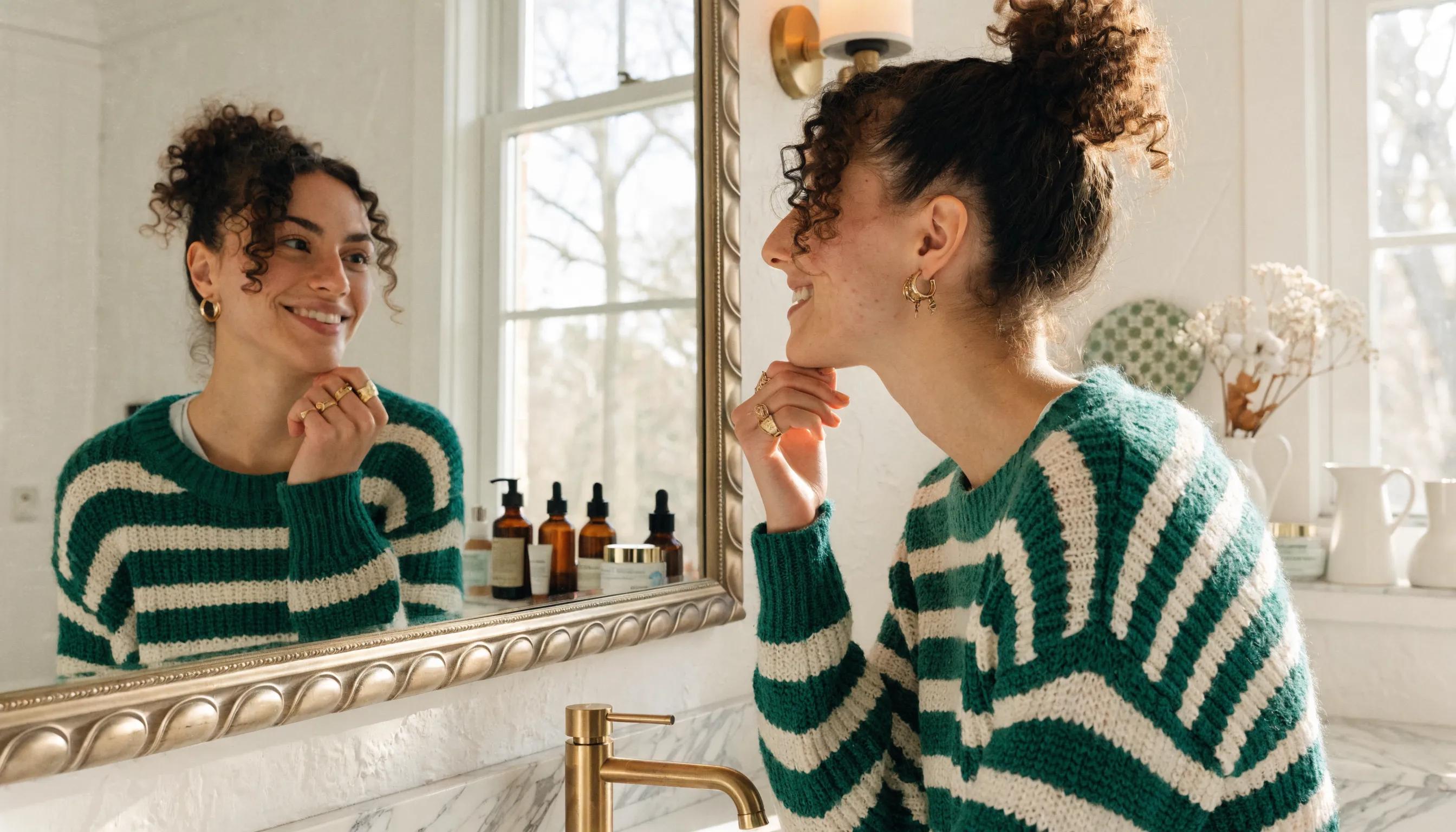Person admiring clear skin in a mirror, representing successful acne scar treatment outcomes