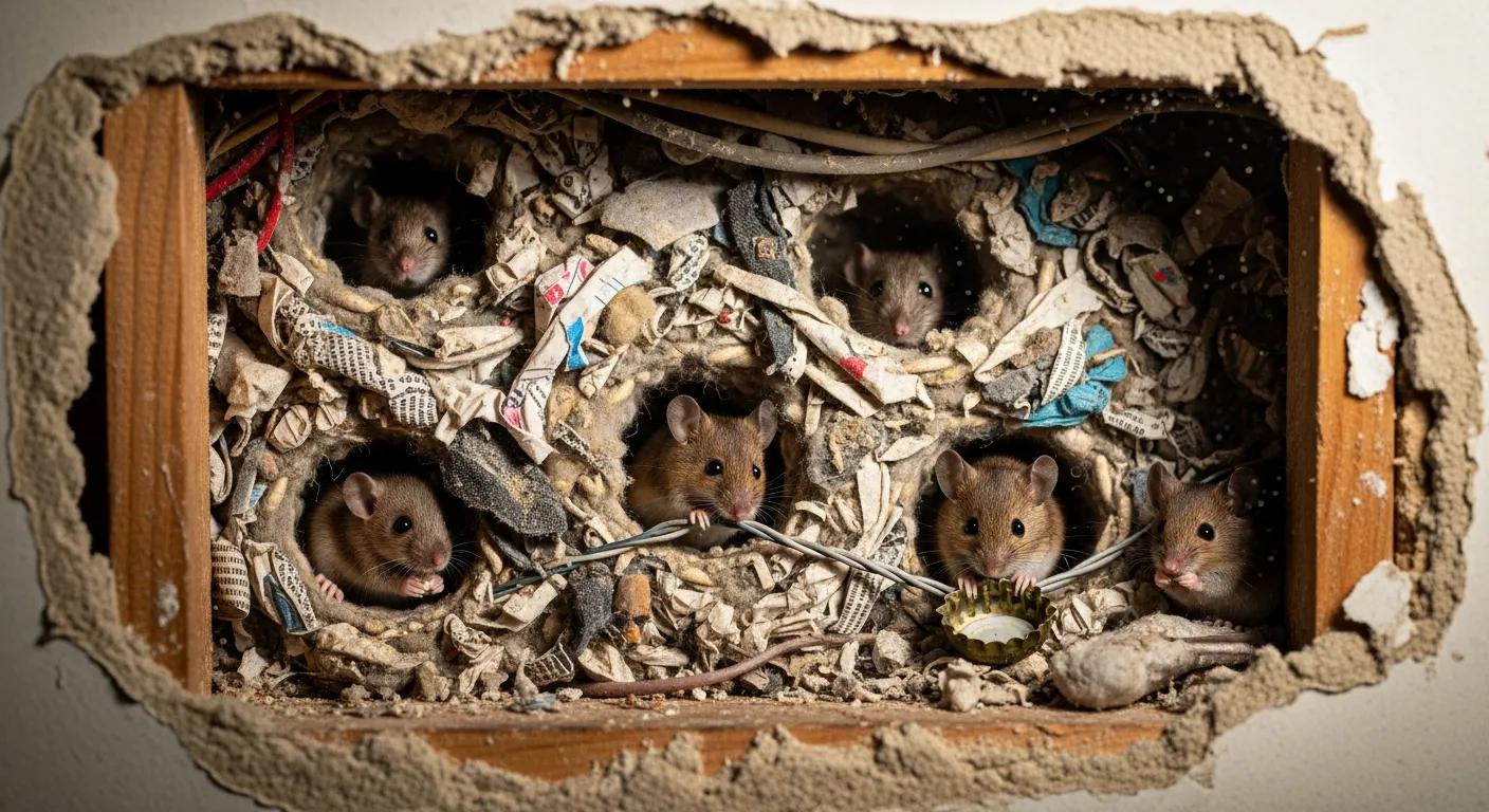 rodent nest behind the walls of a residential house