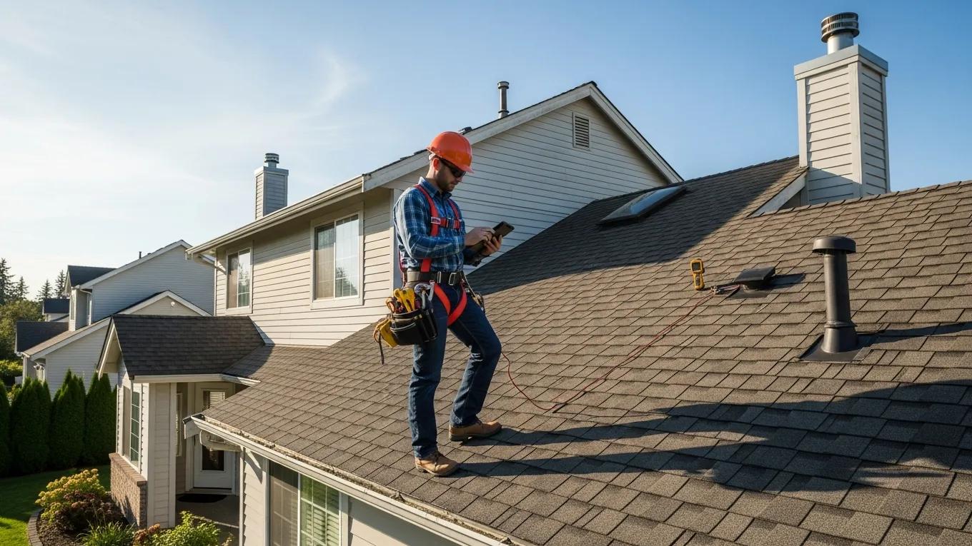 Professional roofing inspector assessing a residential roof under a clear blue sky