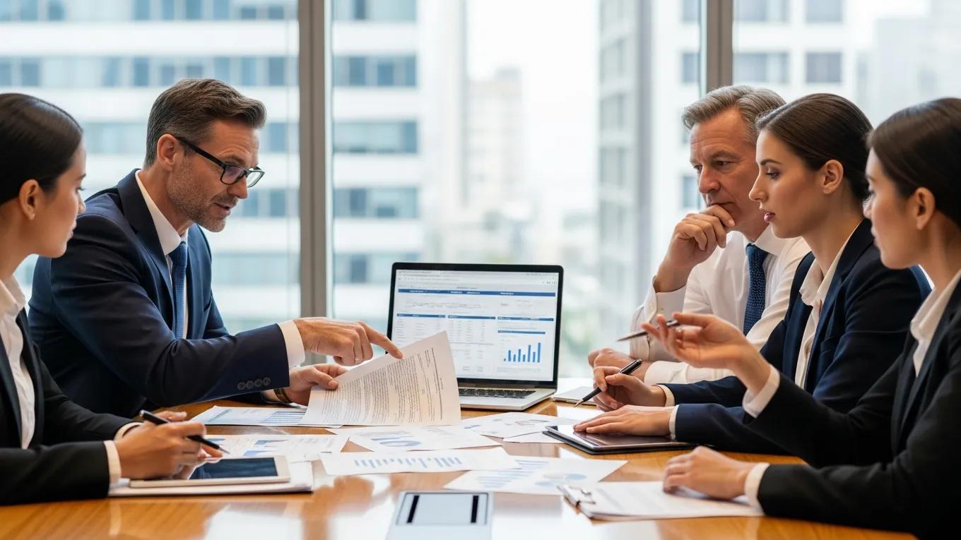 Financial professionals discussing due diligence processes for note acquisition