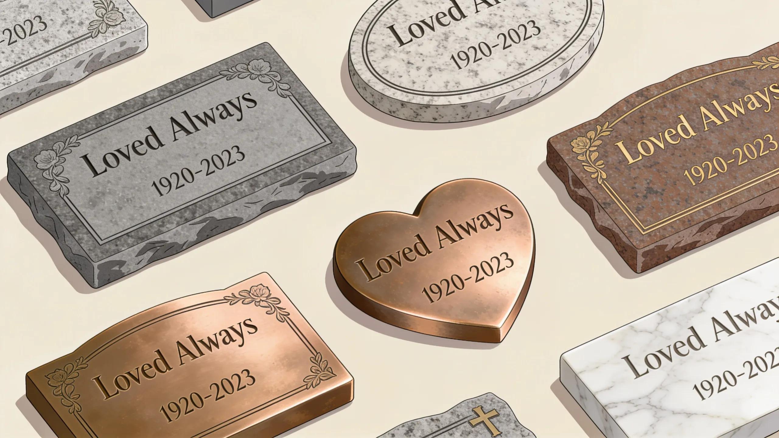 Variety of customizable grave markers featuring different engraving styles, shapes, and colors