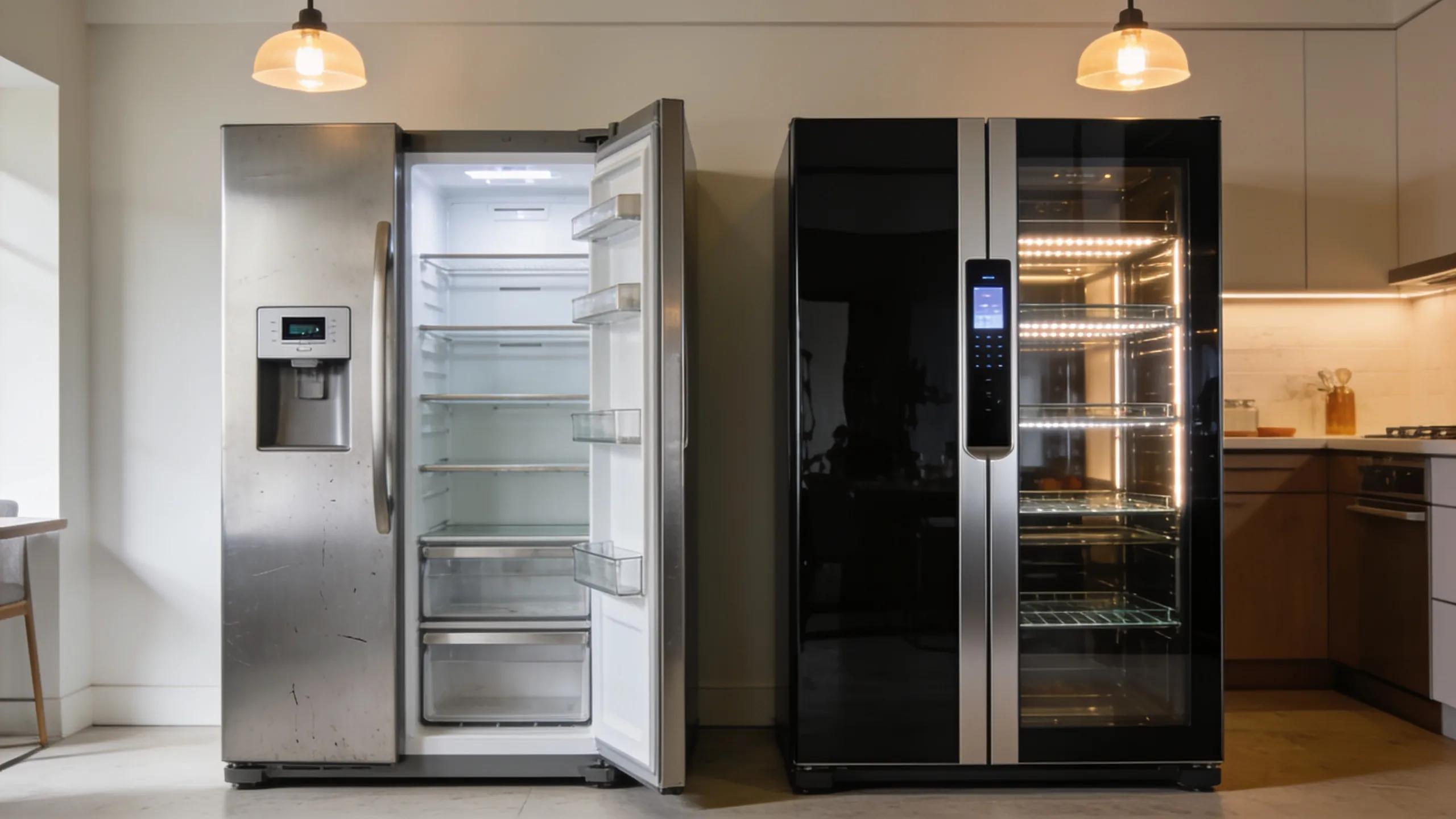 Comparison of affordable and premium refrigerator repair services with a focus on two distinct refrigerators in a modern kitchen
