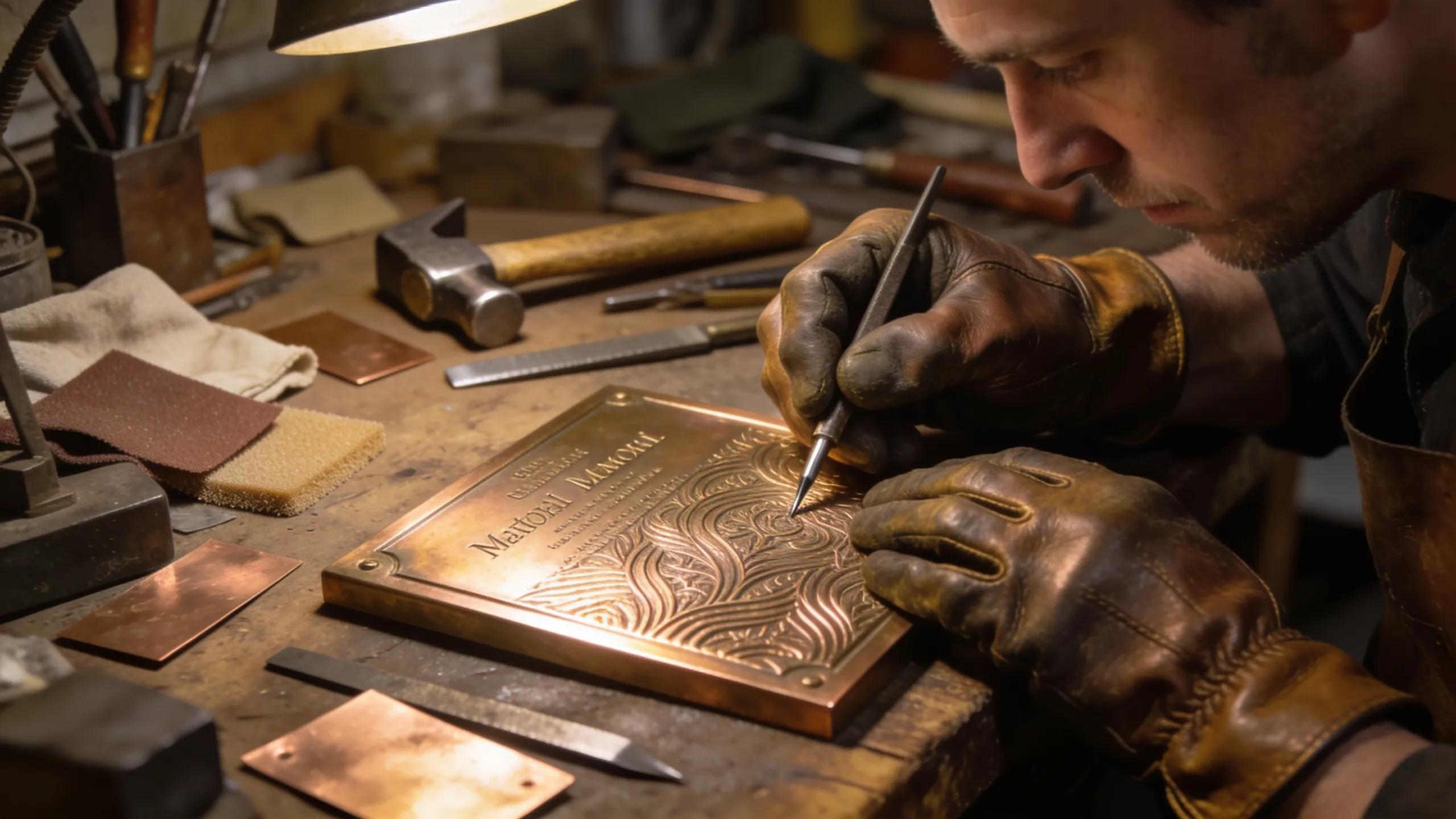 Artisan engraving a bronze memorial plaque, showcasing the craftsmanship of custom memorial artwork