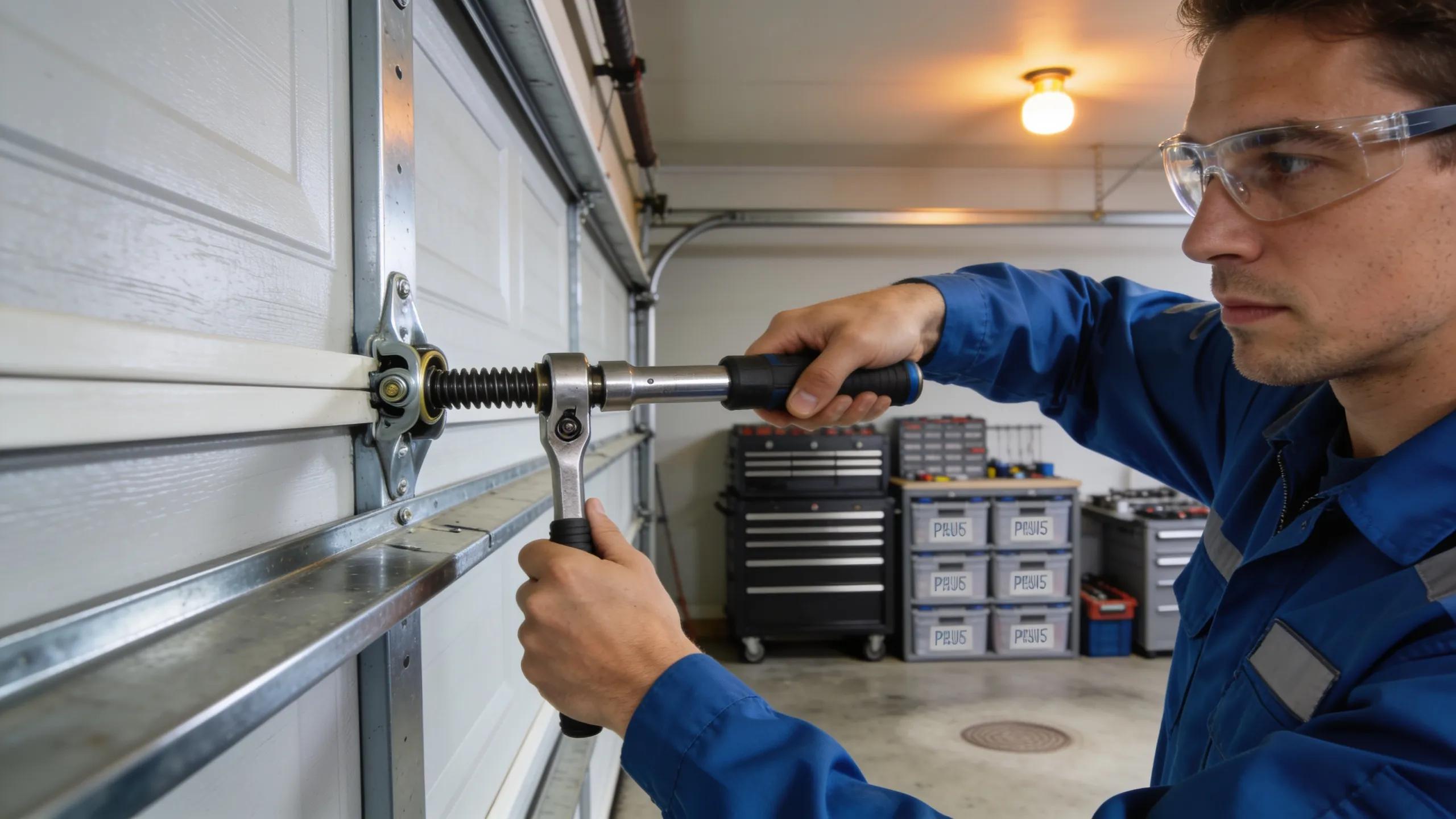 Technician repairing a garage door with specialized tools, emphasizing the importance of professional maintenance