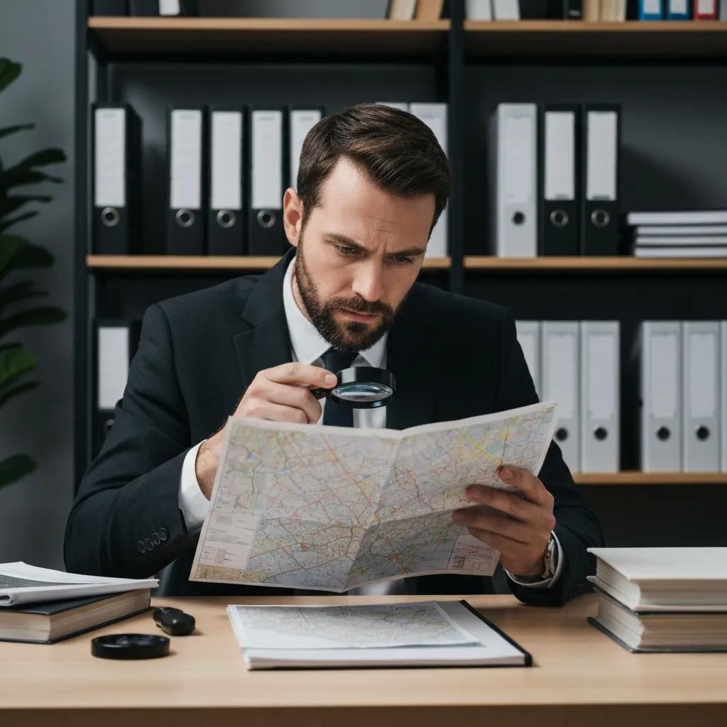 Private investigator in Liverpool studying a map with a magnifying glass