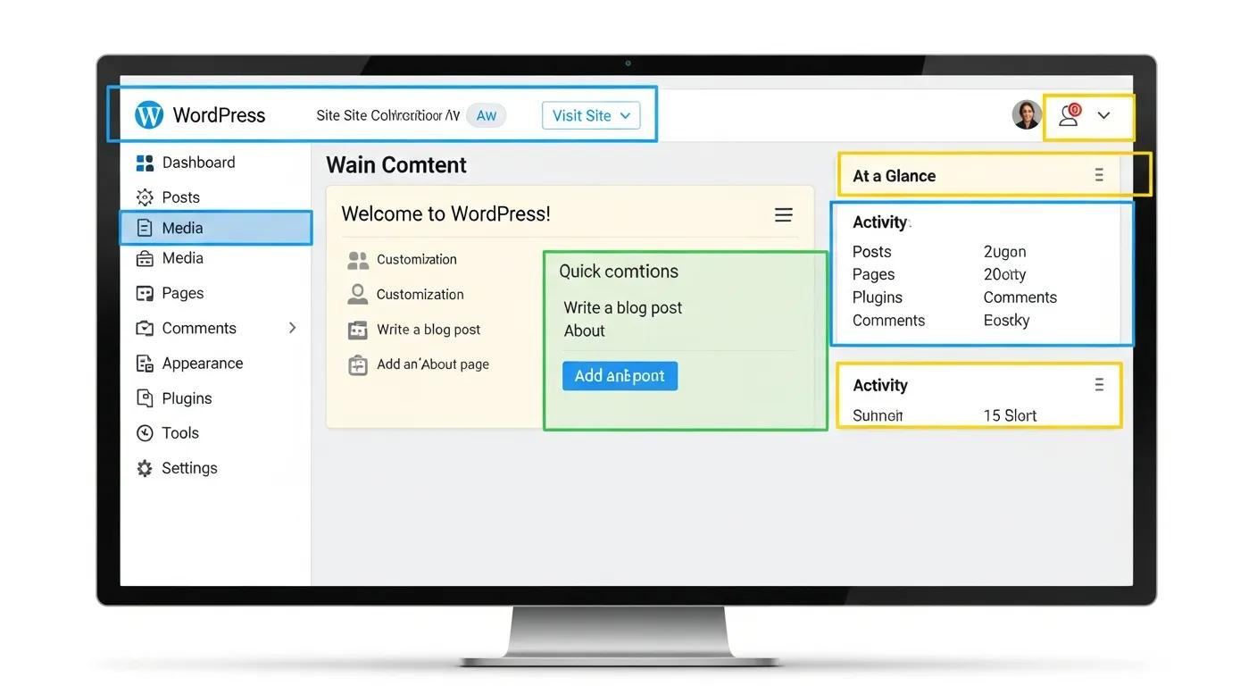 WordPress dashboard layout with key areas highlighted