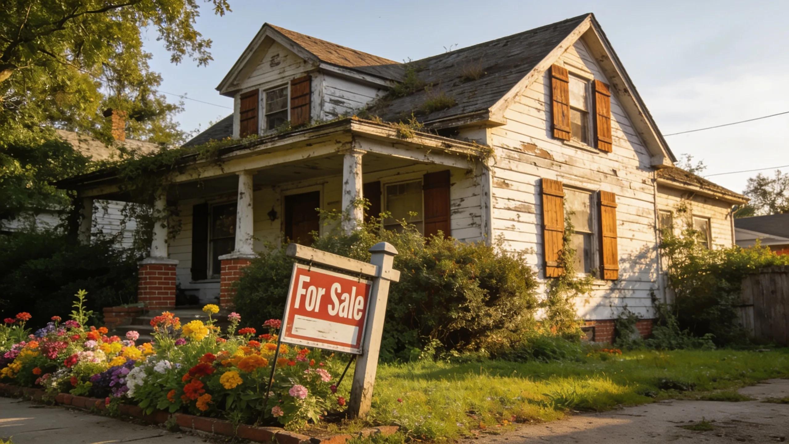 Inherited home for sale 'as-is' with visible character and a 'For Sale' sign