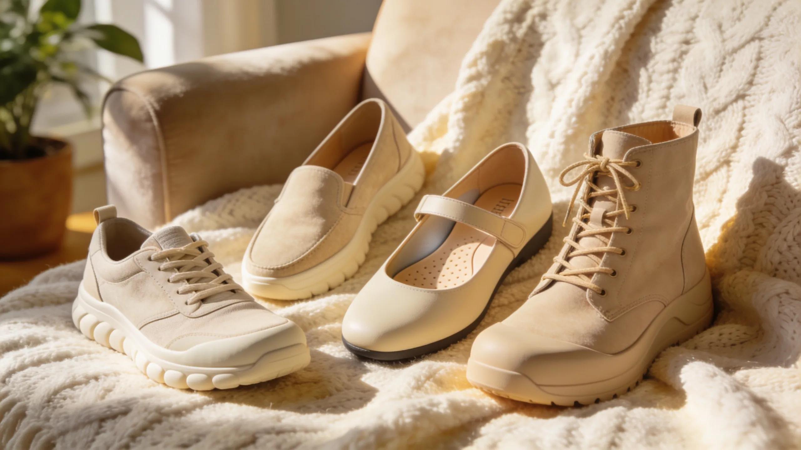 A collection of arthritis relief shoes showcasing cushioning and support features in a cozy setting