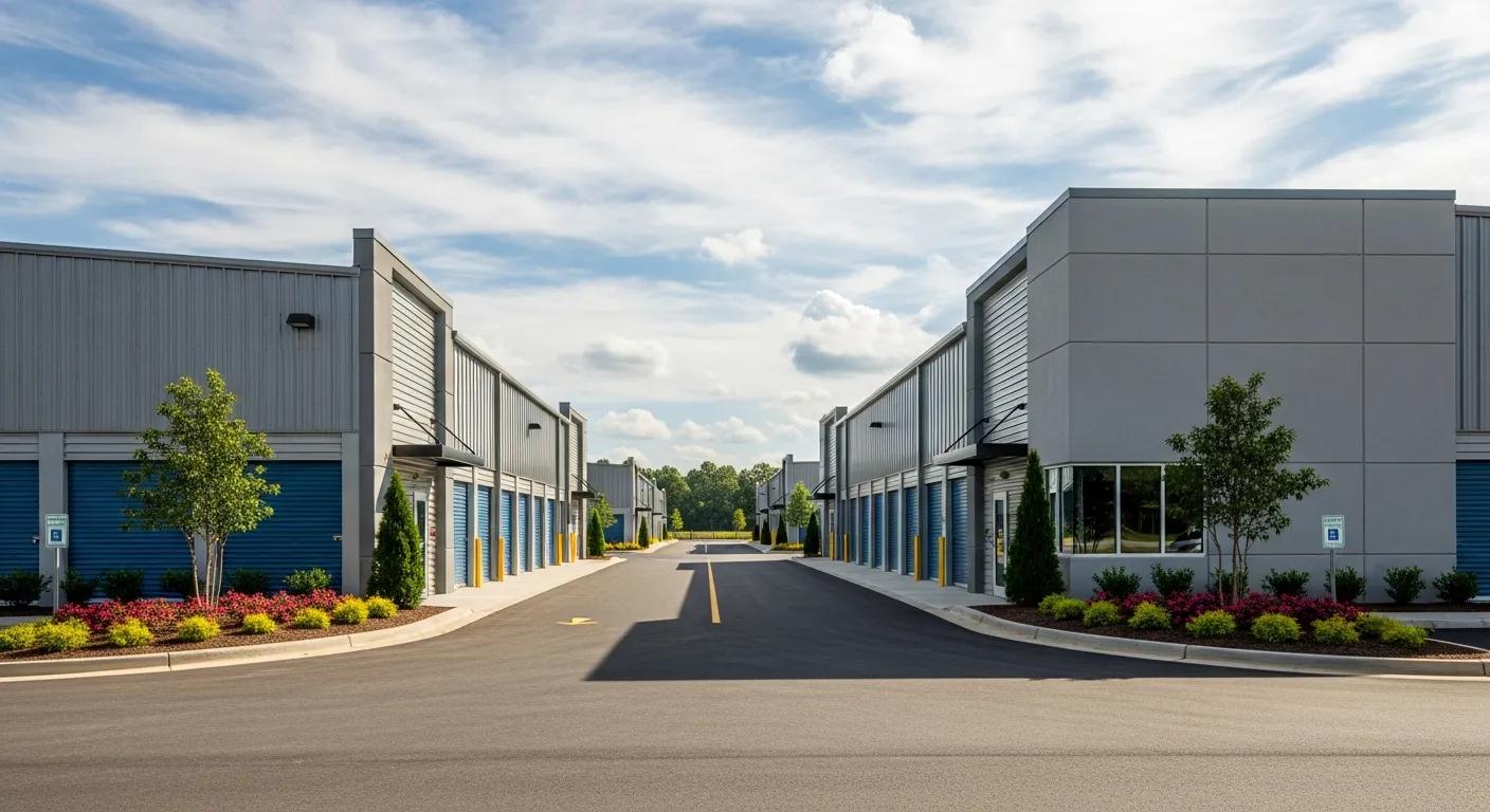 Modern storage facility in Holly Springs NC with secure units and greenery