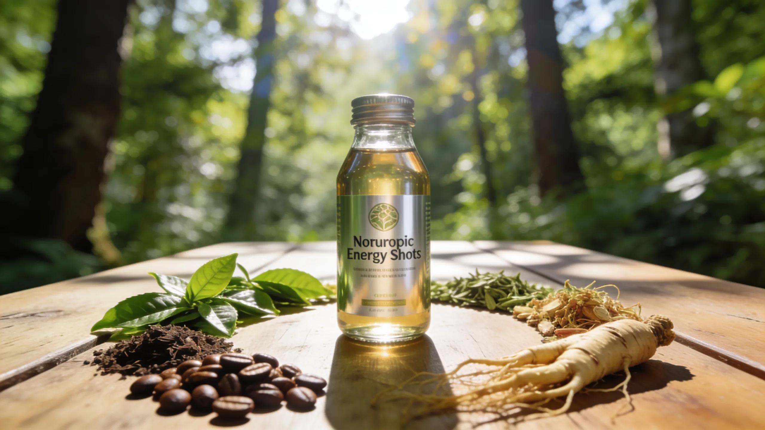 Clean energy nootropic ingredients including energy shots and natural elements like green tea and herbs for cognitive enhancement