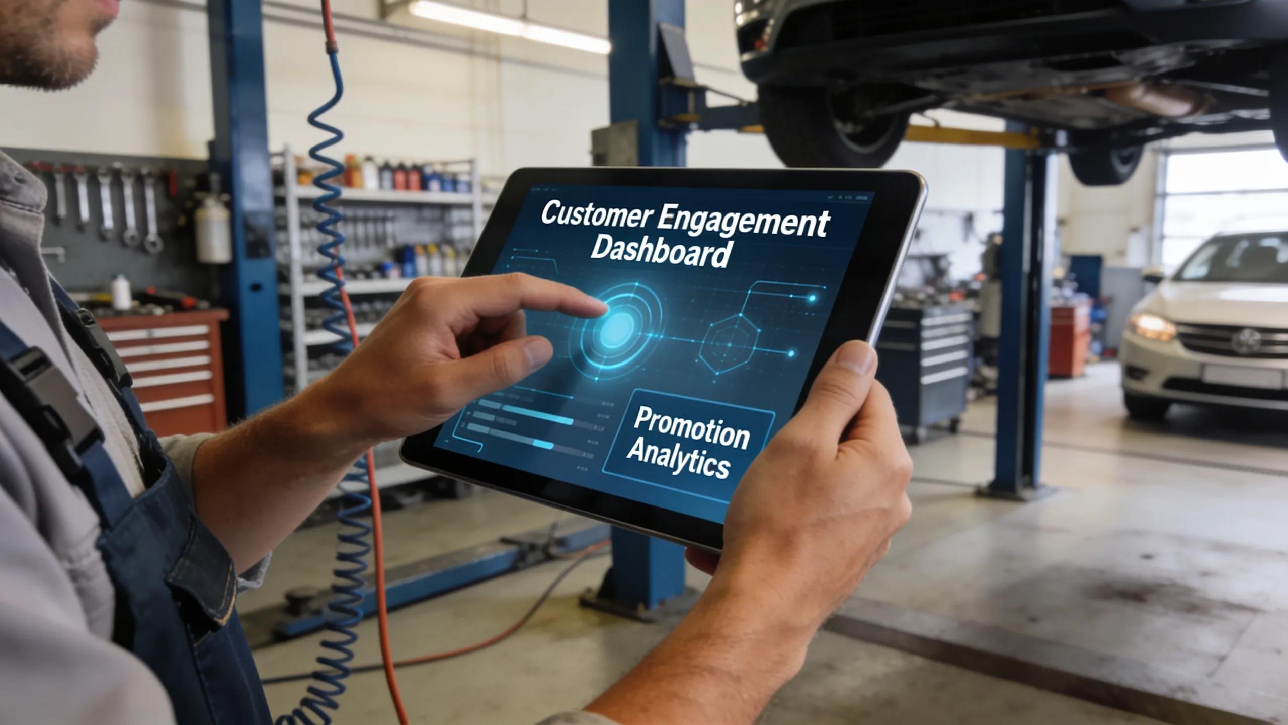 Mechanic utilizing a tablet for digital marketing in an auto repair shop, demonstrating technology's role in customer engagement