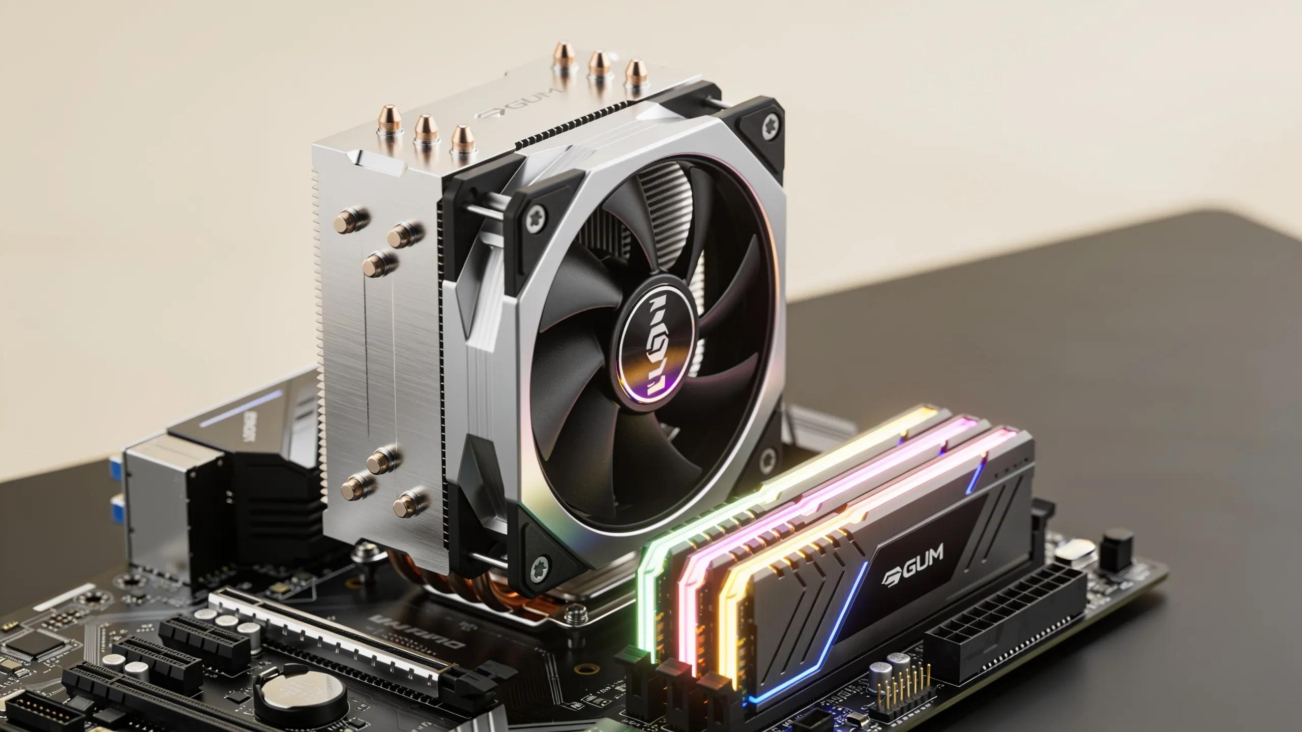 High-performance computer components including a CPU, GPU, and RAM modules arranged to highlight their quality and features