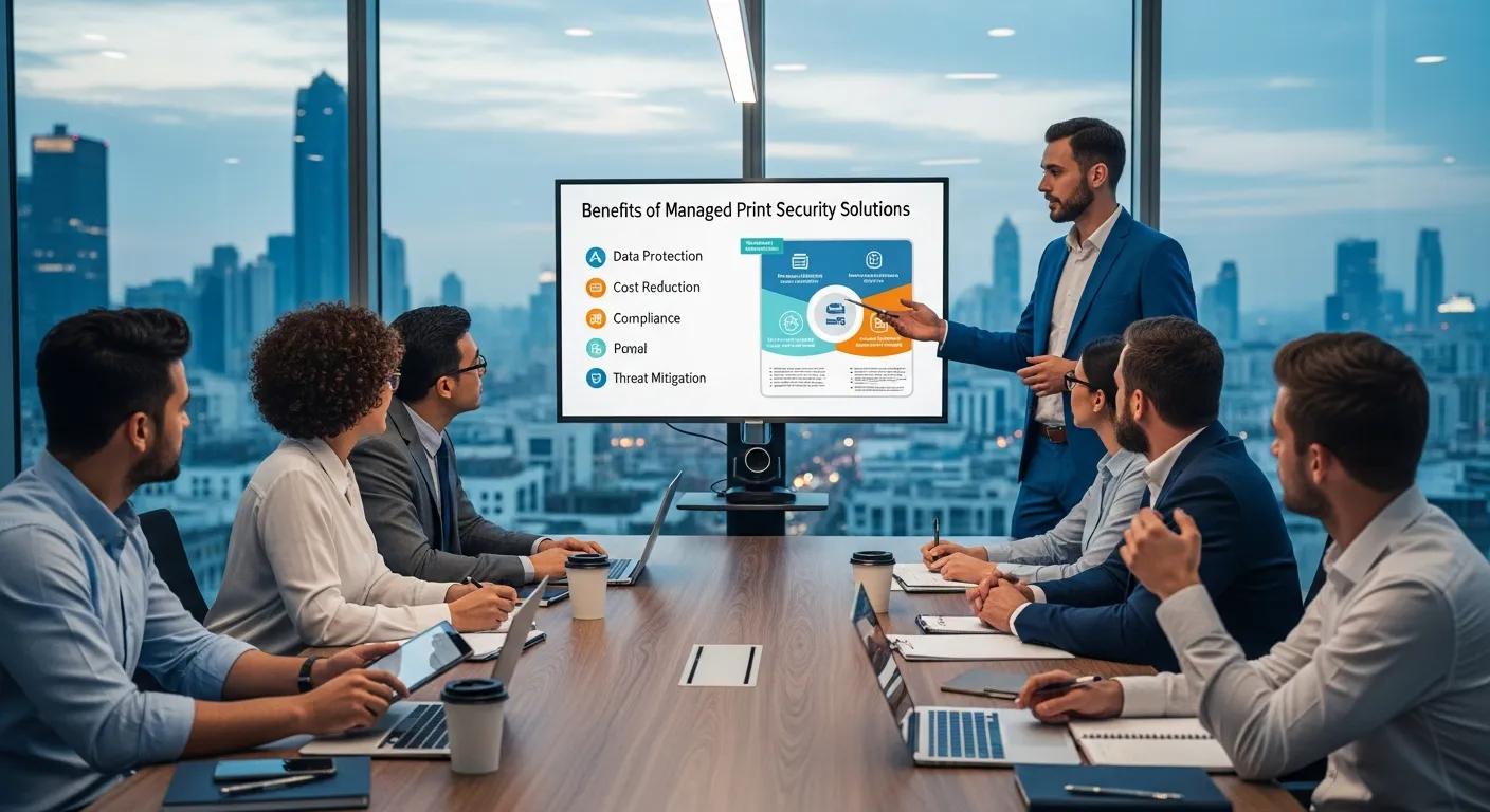 Business meeting discussing the benefits of managed print security solutions