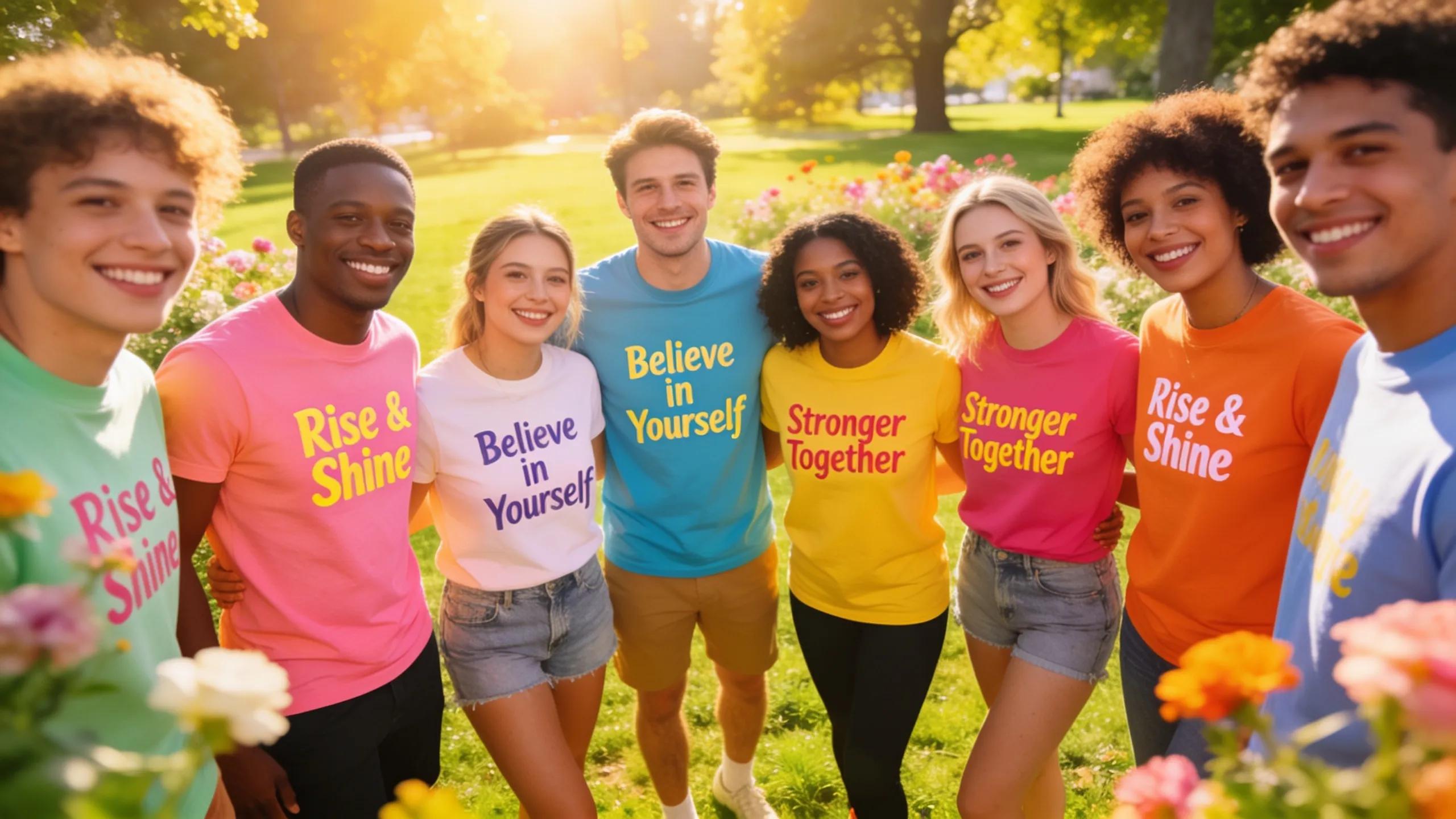 Individuals in colorful motivational graphic tees showcasing positive quotes in a vibrant outdoor setting