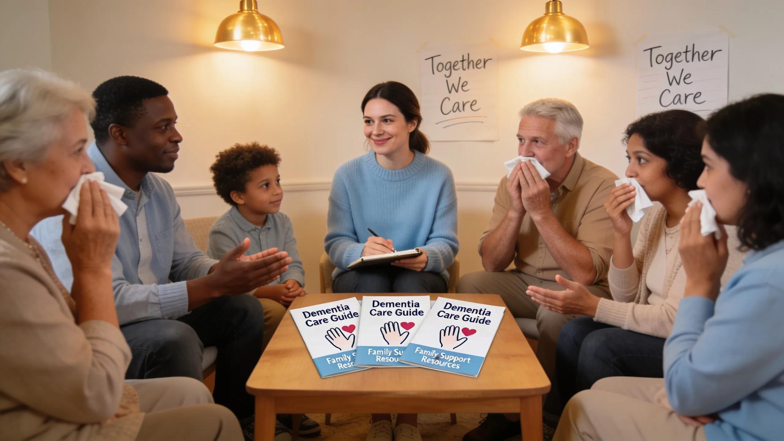 Families collaborating in a support group to manage dementia behavioral challenges and share strategies Families collaborating in a support group to manage dementia behavioral challenges and share strategies