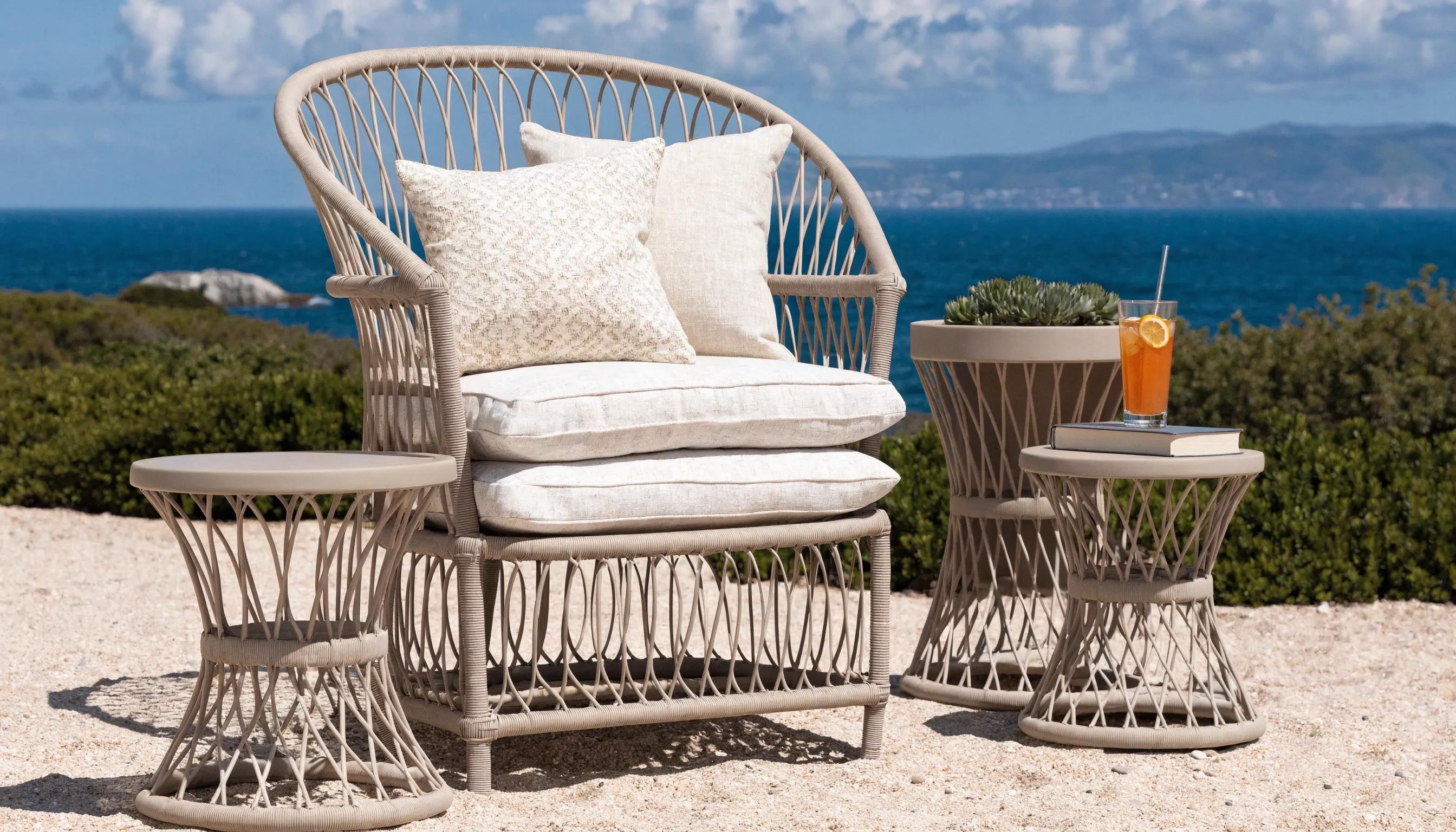 Eco-friendly outdoor living area with durable poly furniture among natural surroundings, promoting sustainability