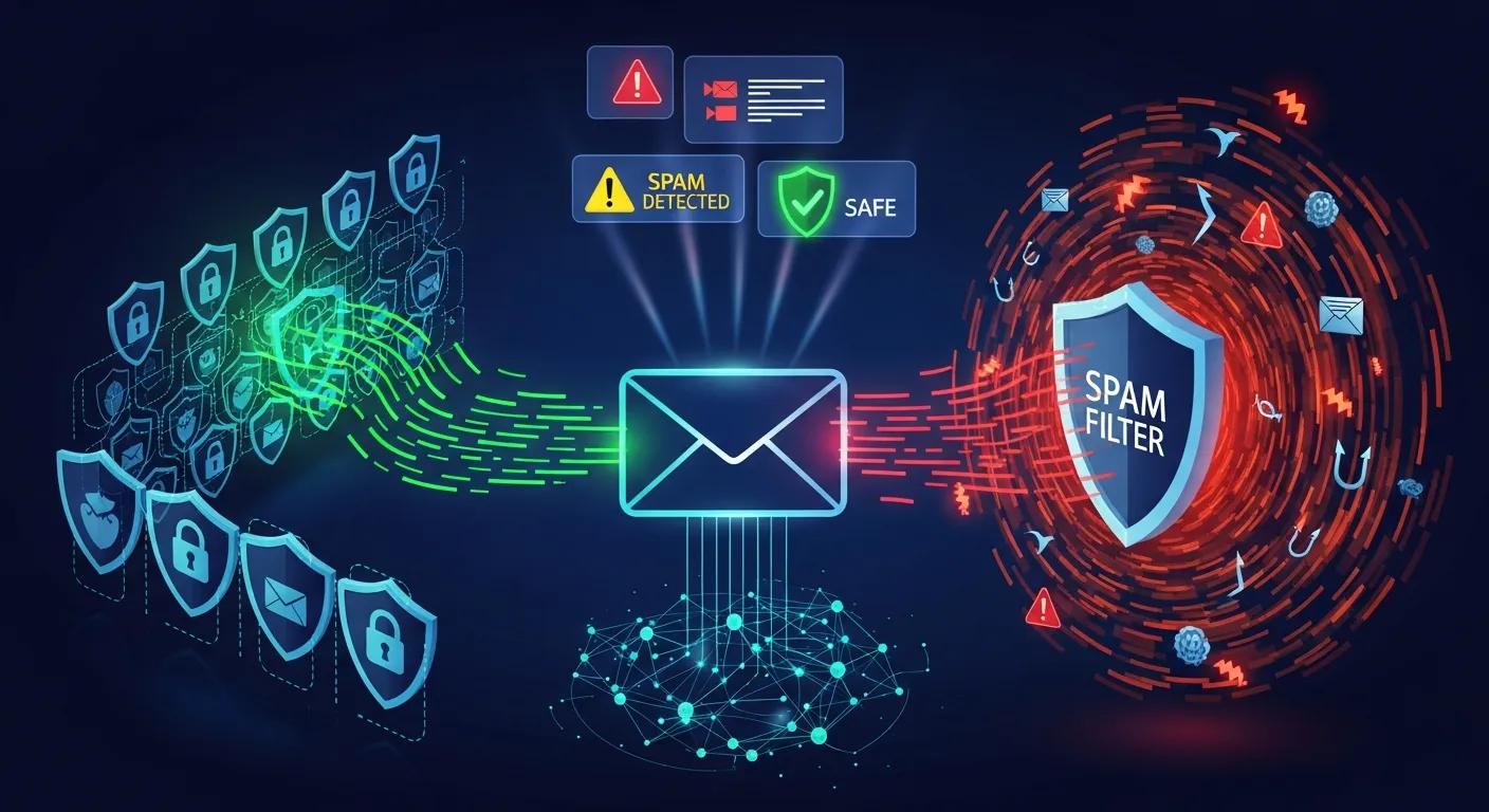 Illustration showing spam filters and alert notifications protecting email