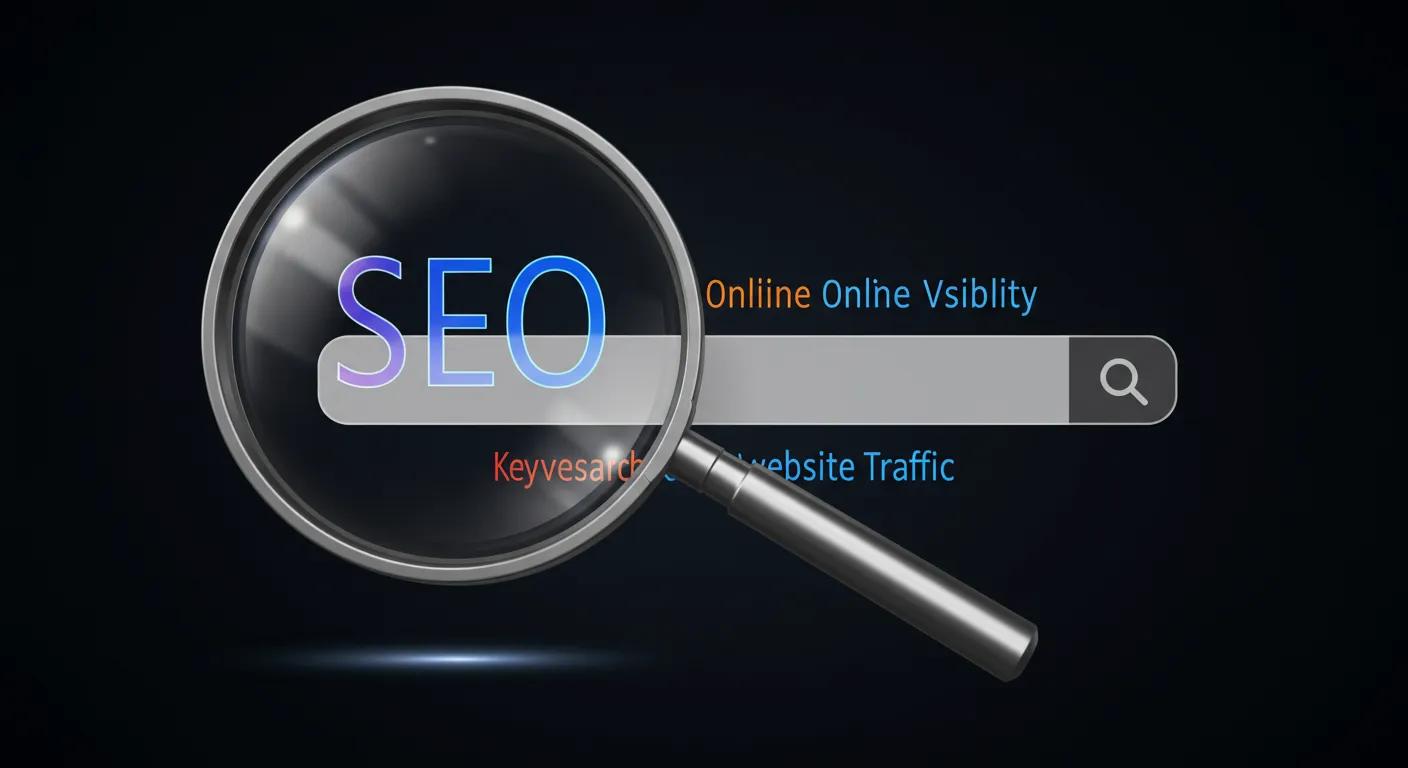 SEO and online visibility represented by magnifying glass over search bar