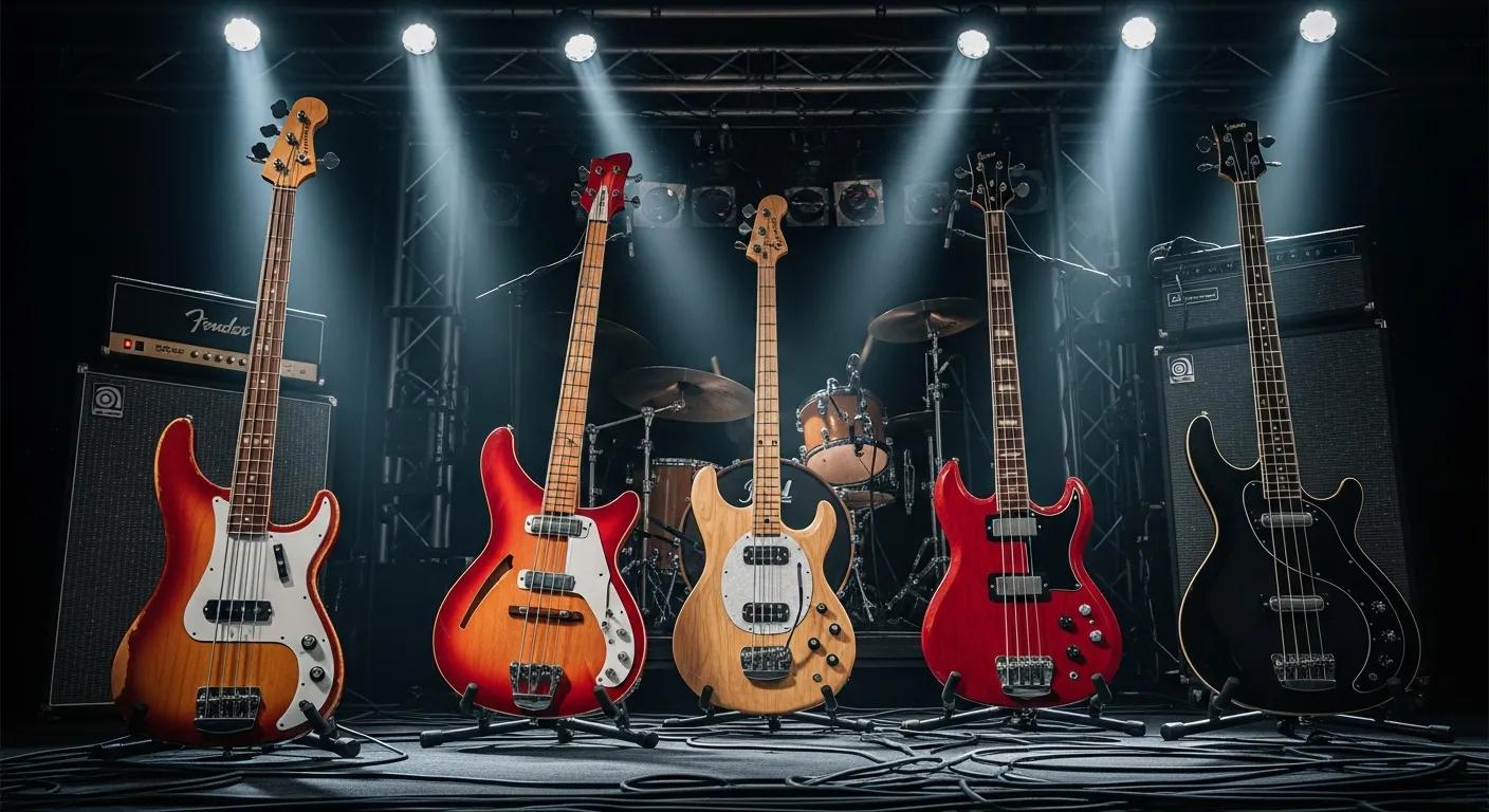 Iconic bass guitars from top brands displayed in a dynamic music setting