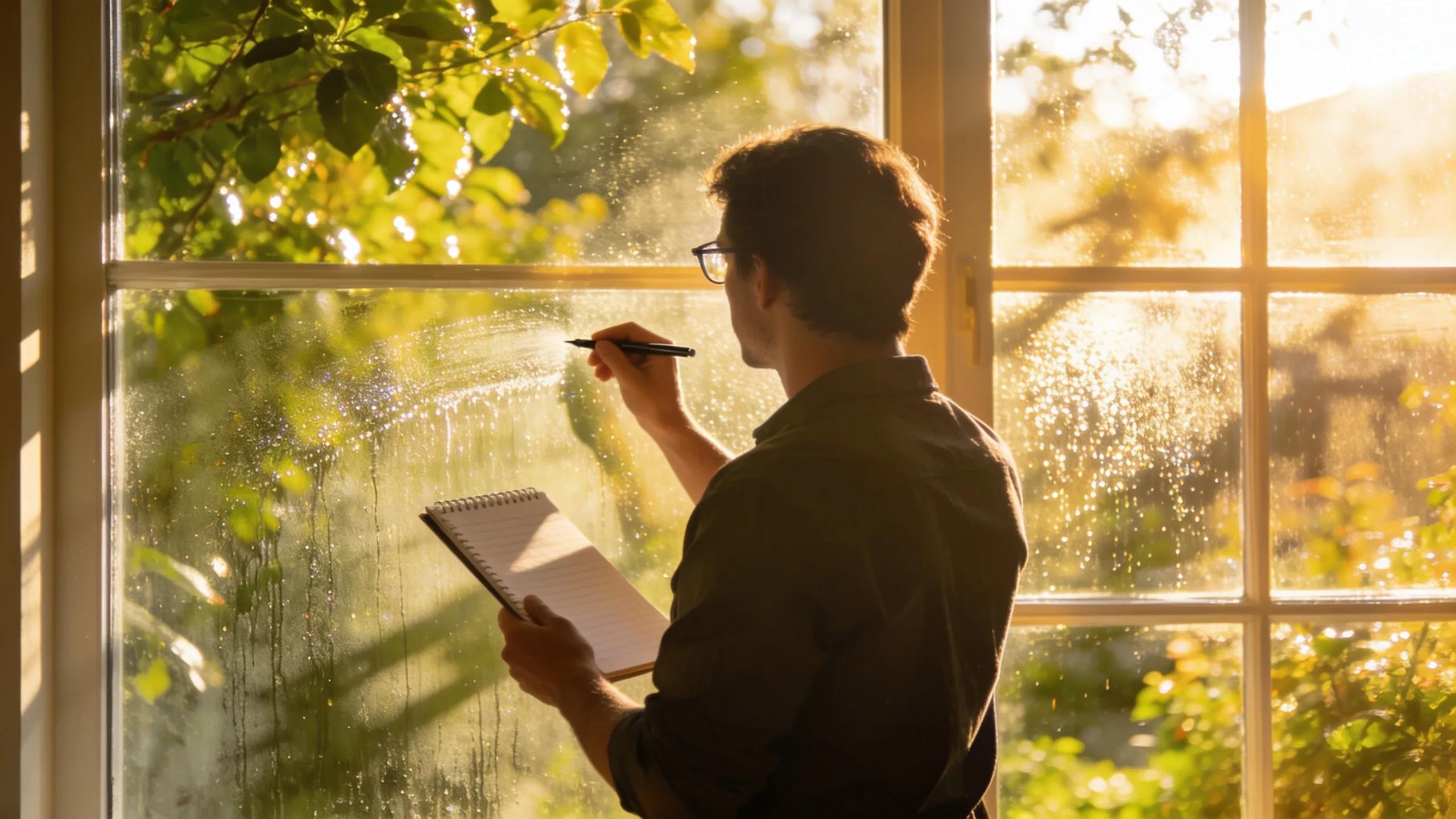 Person inspecting clean windows while taking notes for maintenance
